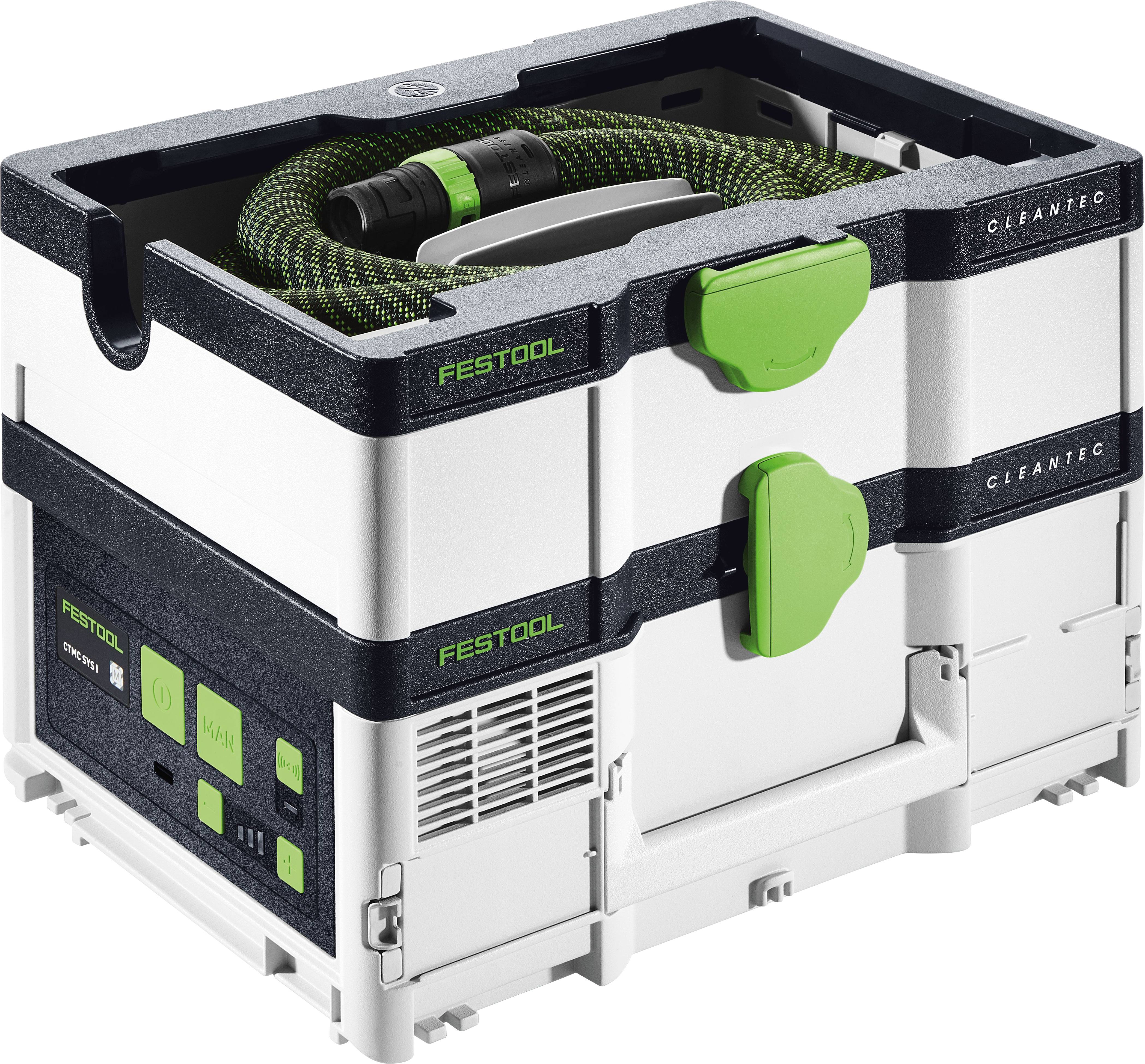 Ein kompaktes, modulares Festool Cleantec Vakuumsystem mit stapelbarem Design, ausgestattet mit grünen Griffen und einem aufgerollten Schlauch auf der Oberseite.