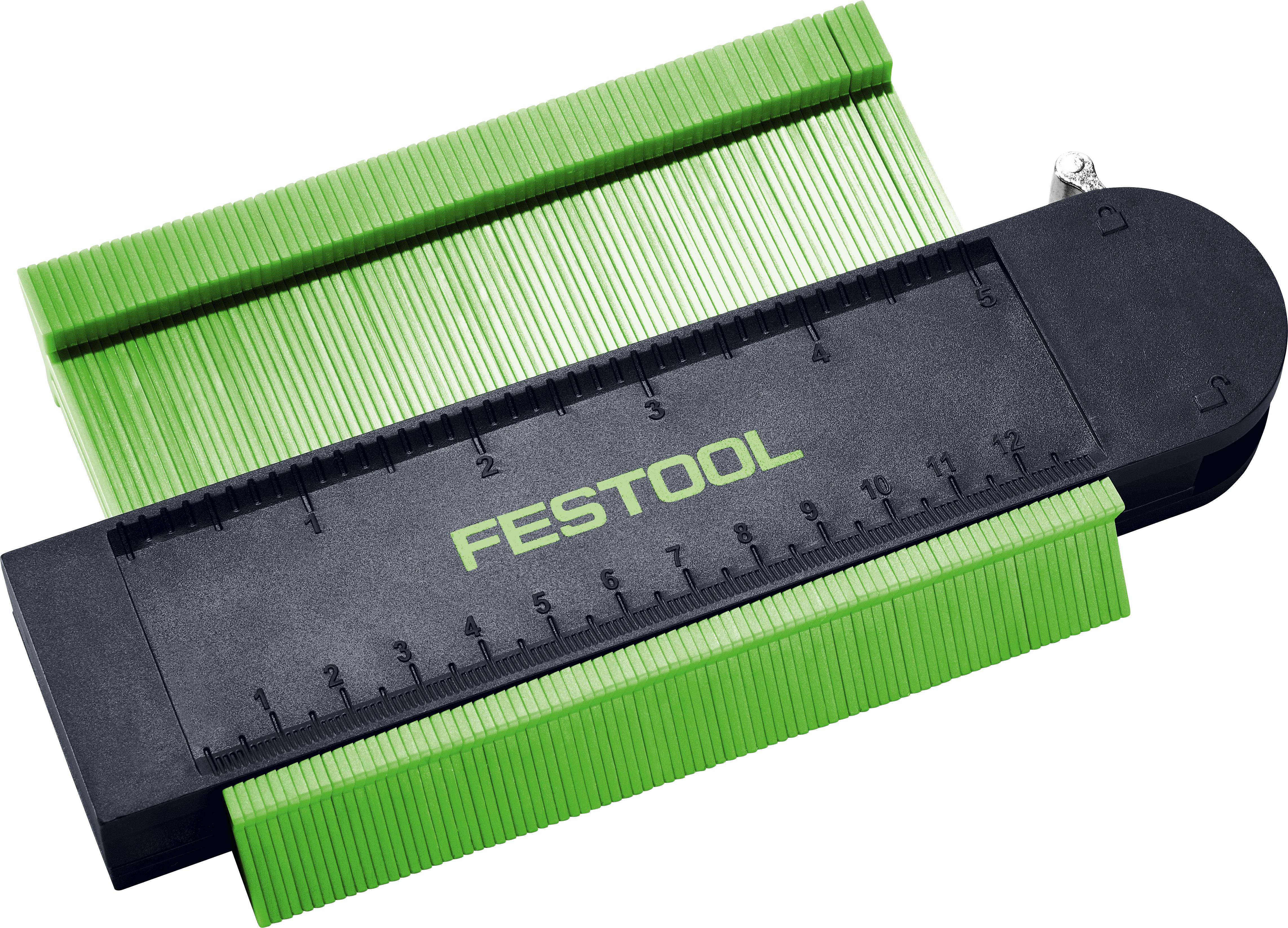 Festool-Konturlehre mit schwarzem Lineal und grünen Stiften, verwendet zum Messen und Übertragen von Formen in Holzbearbeitungsprojekten.