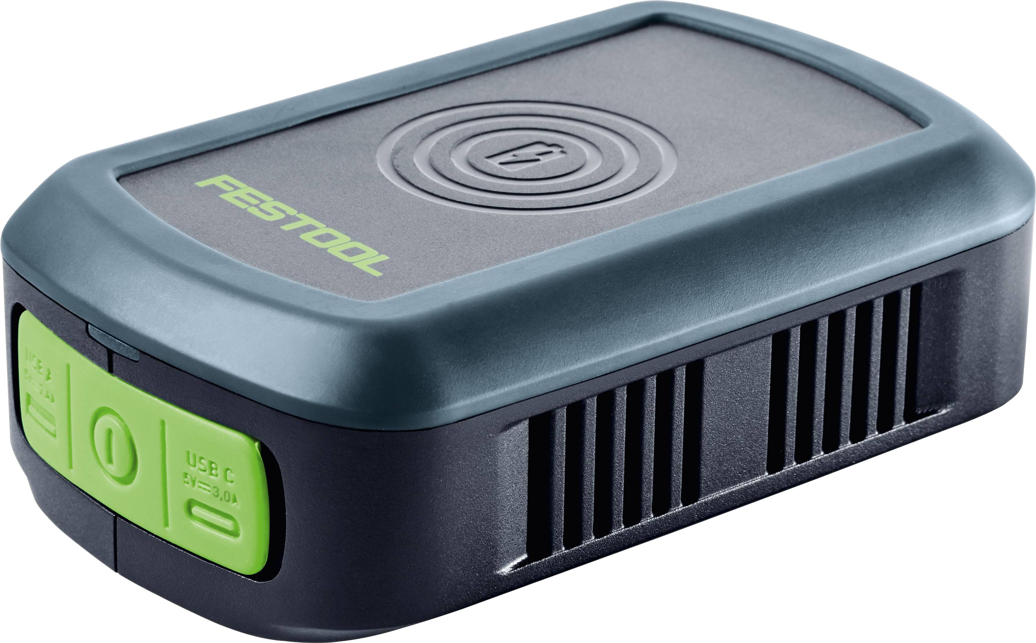 Ein kompaktes, rechteckiges Batteriepaket mit USB-C-Anschluss und Stromschalter, mit einem eleganten Design und dem Markennamen „Festool