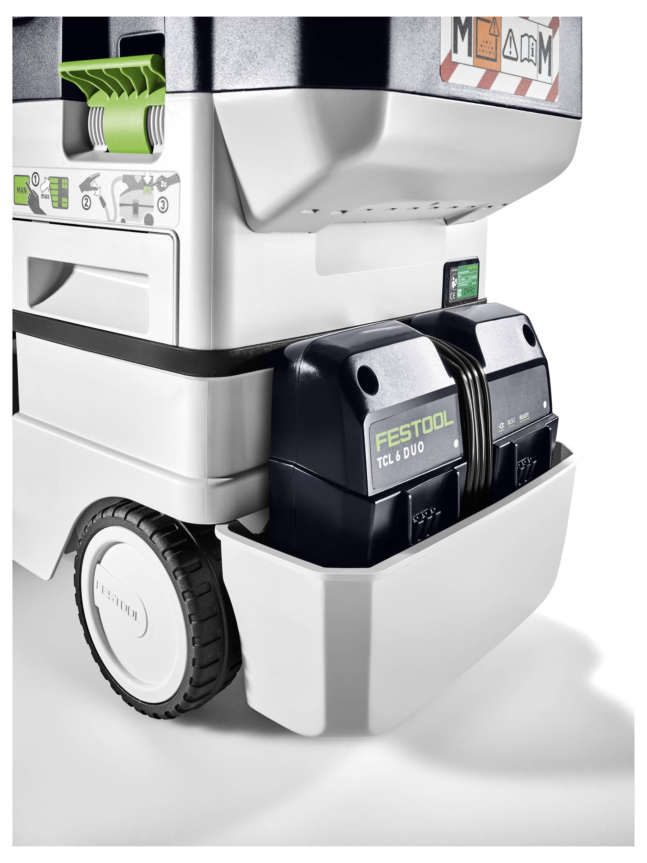 'Une machine industrielle Festool dotée d'un double bloc batterie avec un marquage clairement visible et une roue renforcée, conçue pour un usage professionnel.'