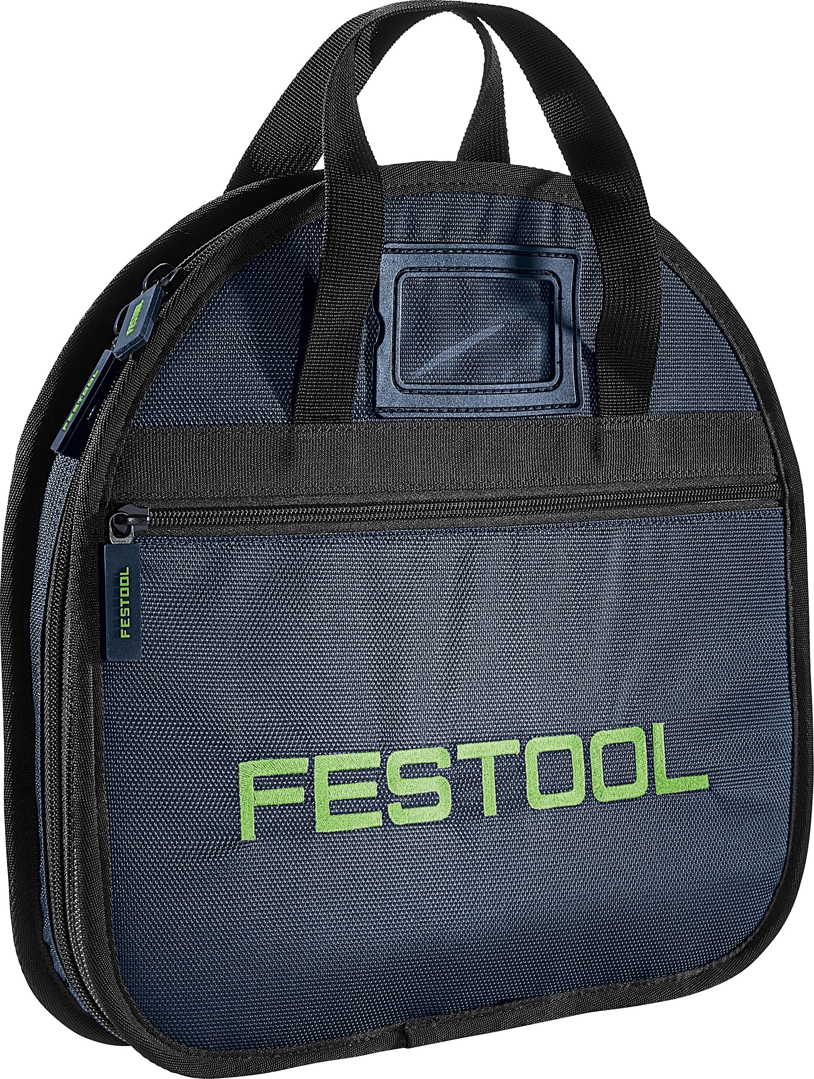 Eine dunkelblau Werkzeugtasche mit schwarzen Griffen, einer vorderen Reißverschlusstasche und dem Wort 