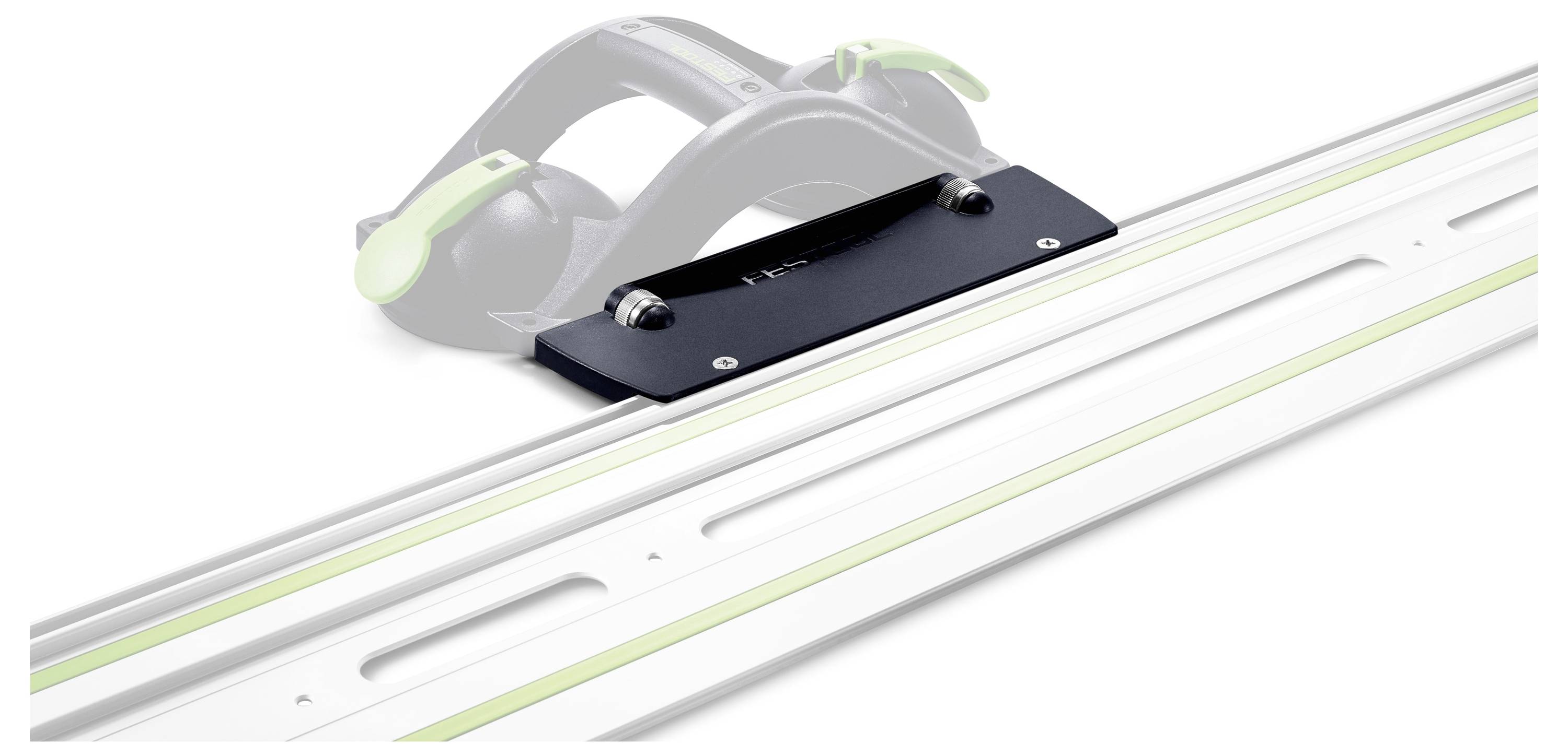 Un outil montré attaché à un rail de guidage, conçu pour une coupe ou une mesure précise dans des projets de menuiserie ou de construction.