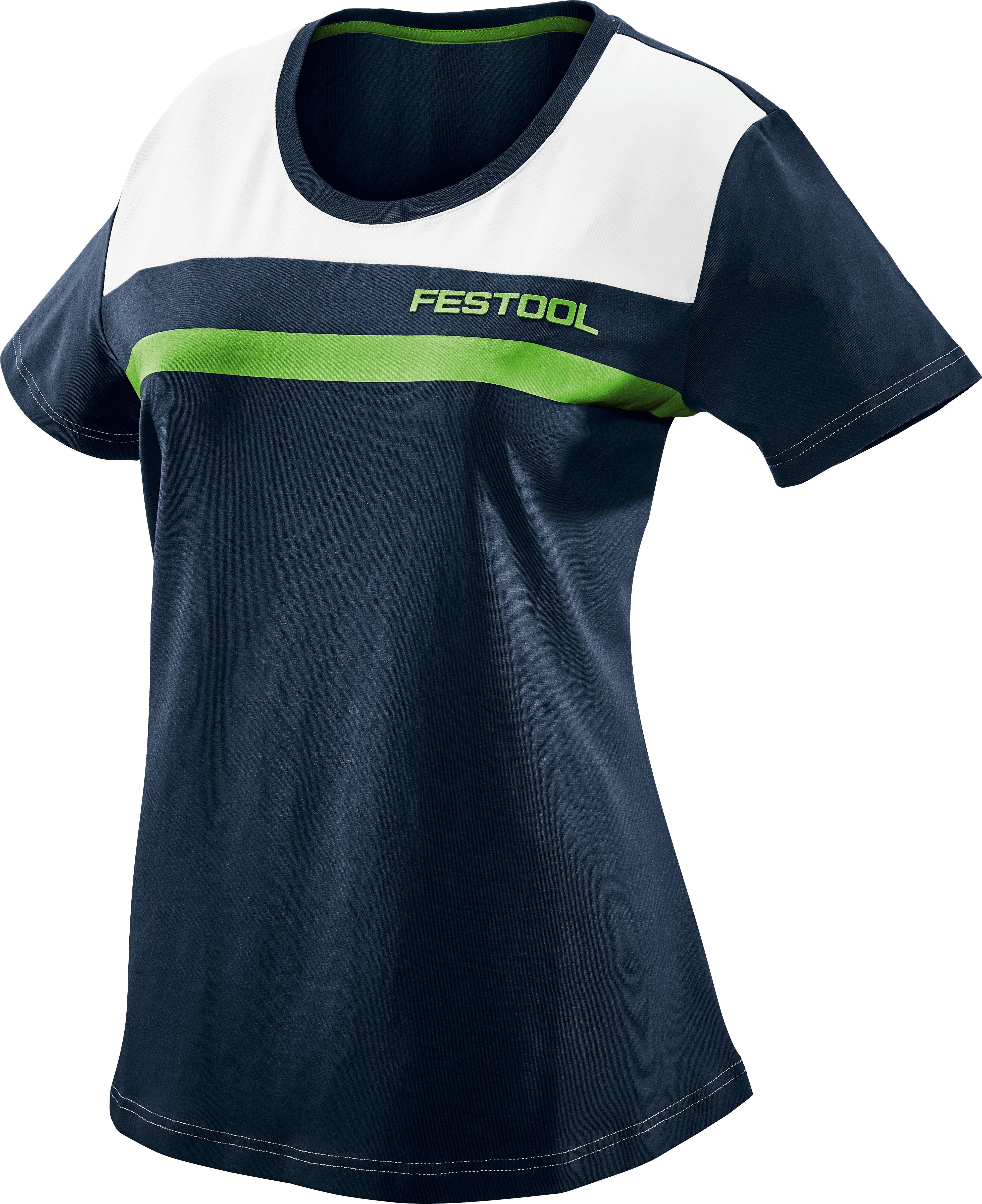 Marineblaues Damen-T-Shirt mit weißen und grünen Streifen über der Brust, mit dem Wort „FESTOOL