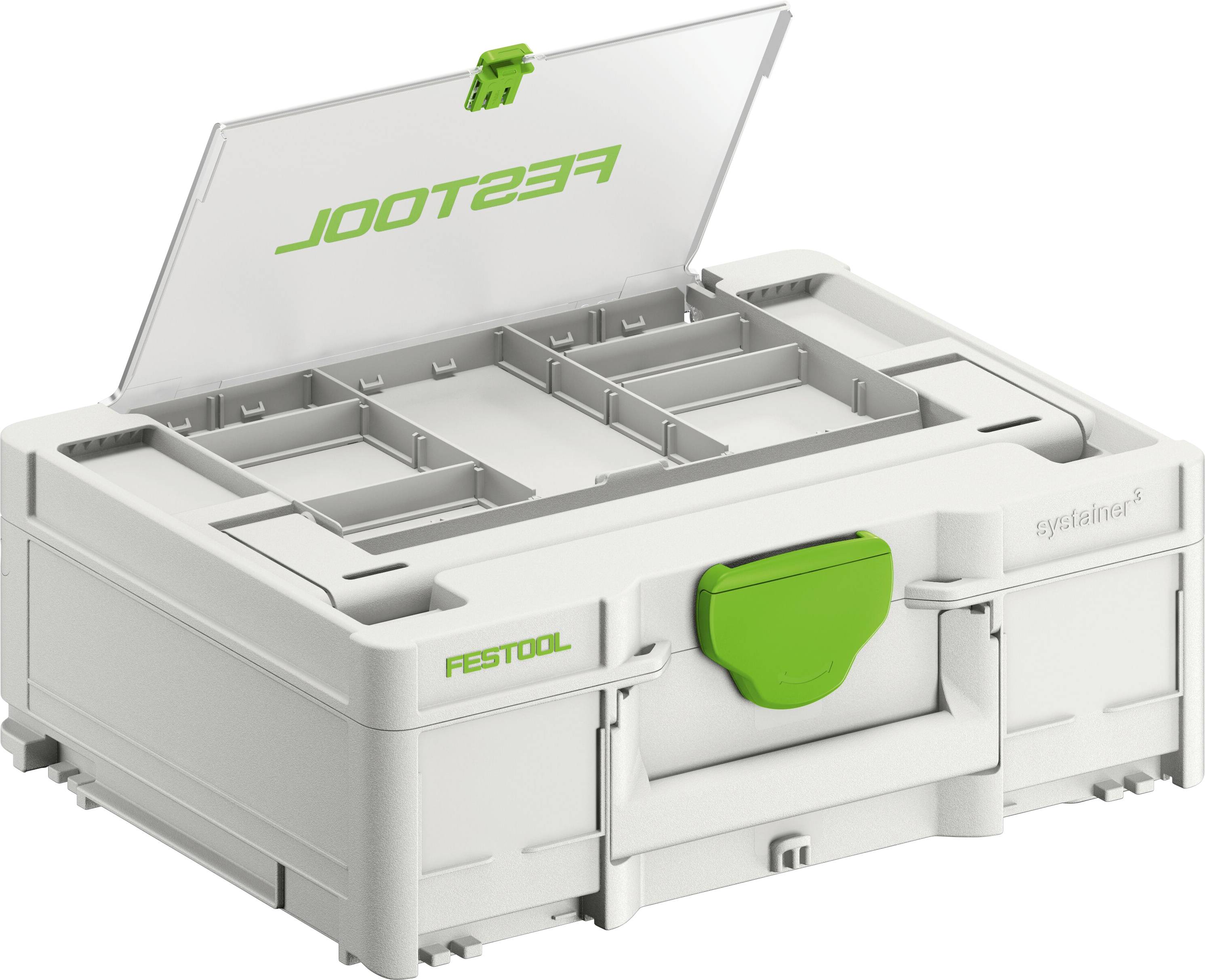 Ein weißer Festool Systainer mit Fächern zur Werkzeugorganisation, ausgestattet mit einem transparenten Deckel und einer grünen Verschlusssperre für sichere Verschließung.