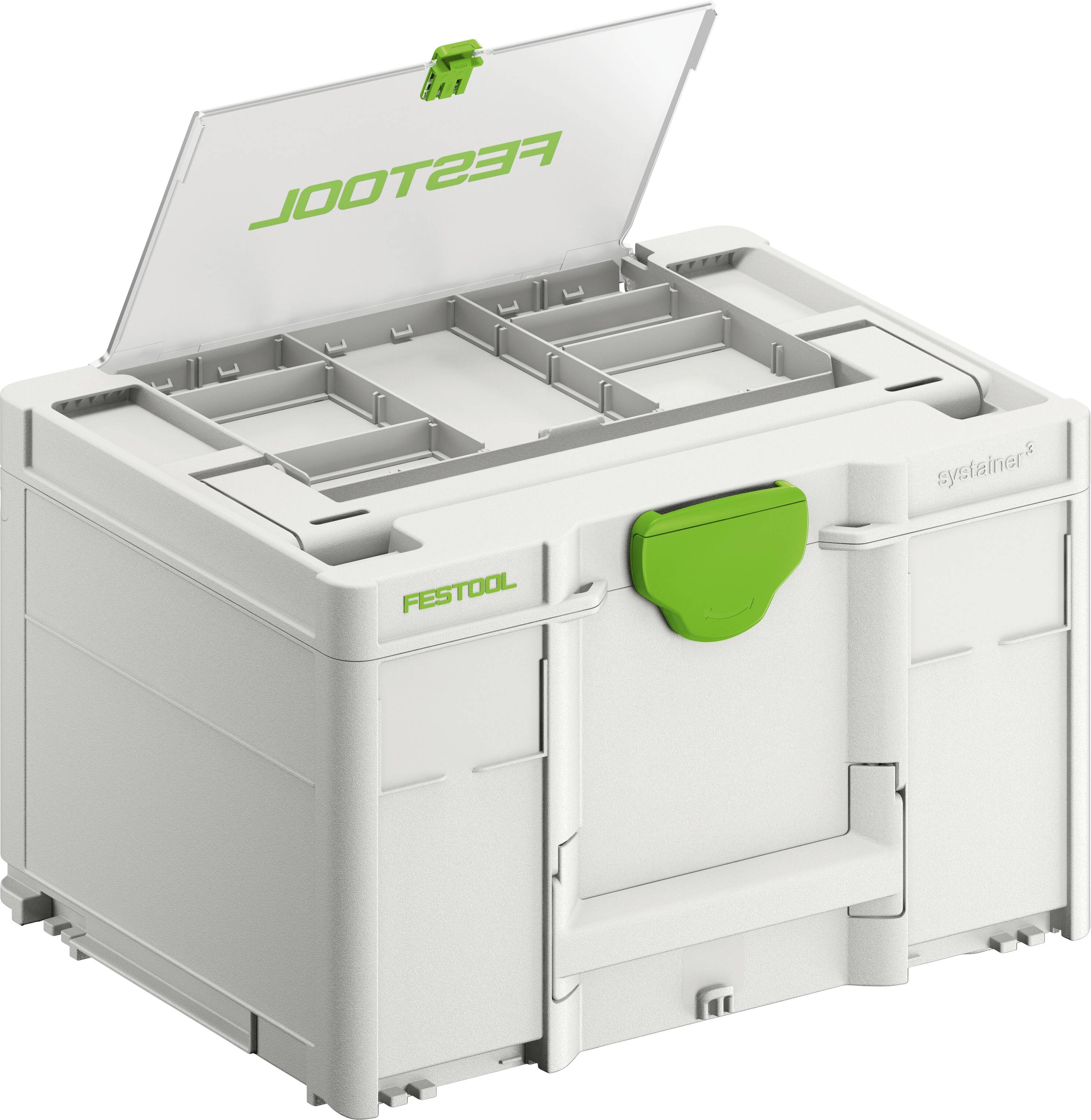 Eine weiße Werkzeugaufbewahrungsbox mit einem offenen transparenten Deckel und grüner Verriegelung, die Fächer im Inneren zur Organisation von Werkzeugen zeigt.