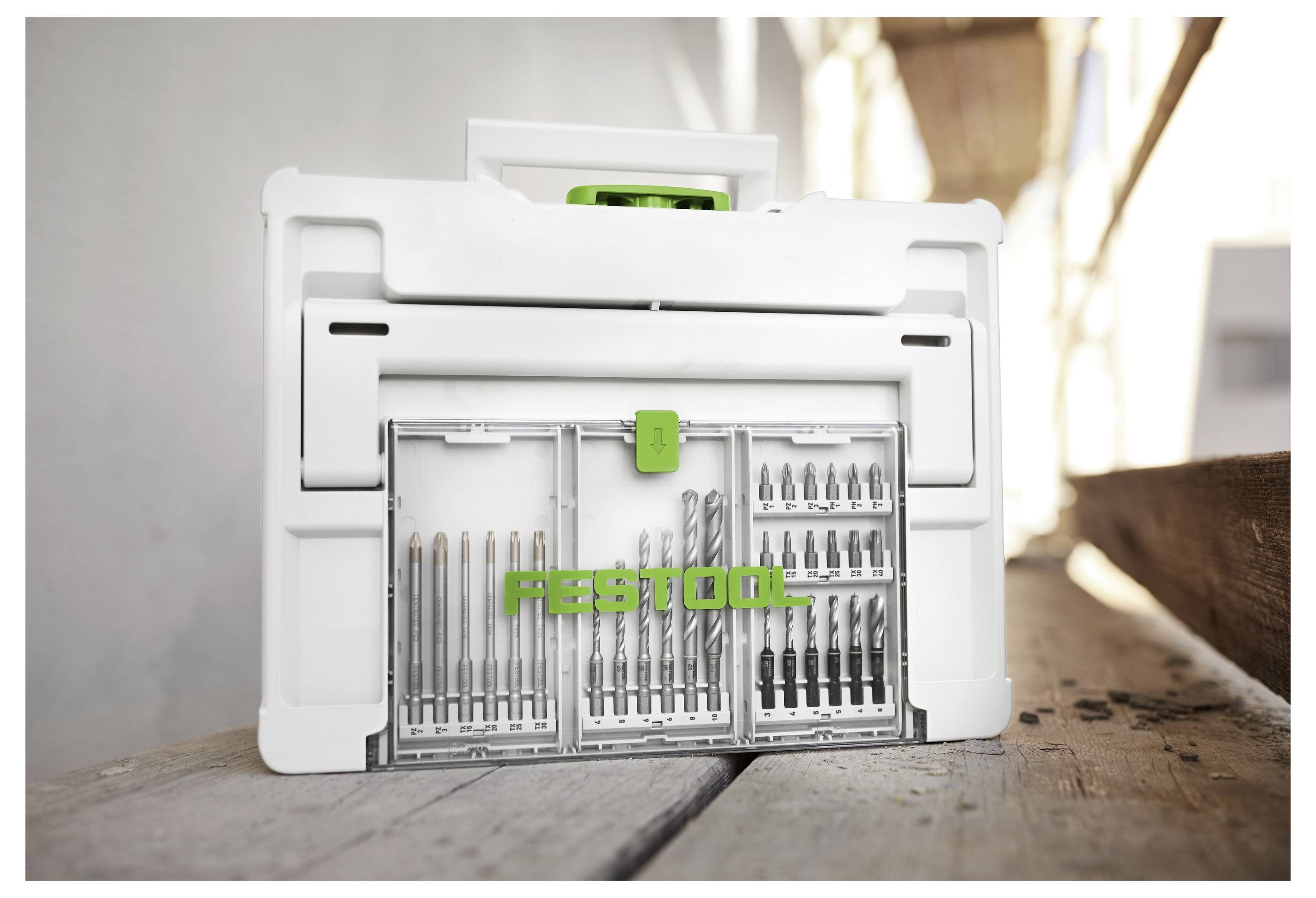 'Coffret de forets Festool' dans un étui de transport blanc, ouvert pour montrer une variété de forets organisés soigneusement à l'intérieur.