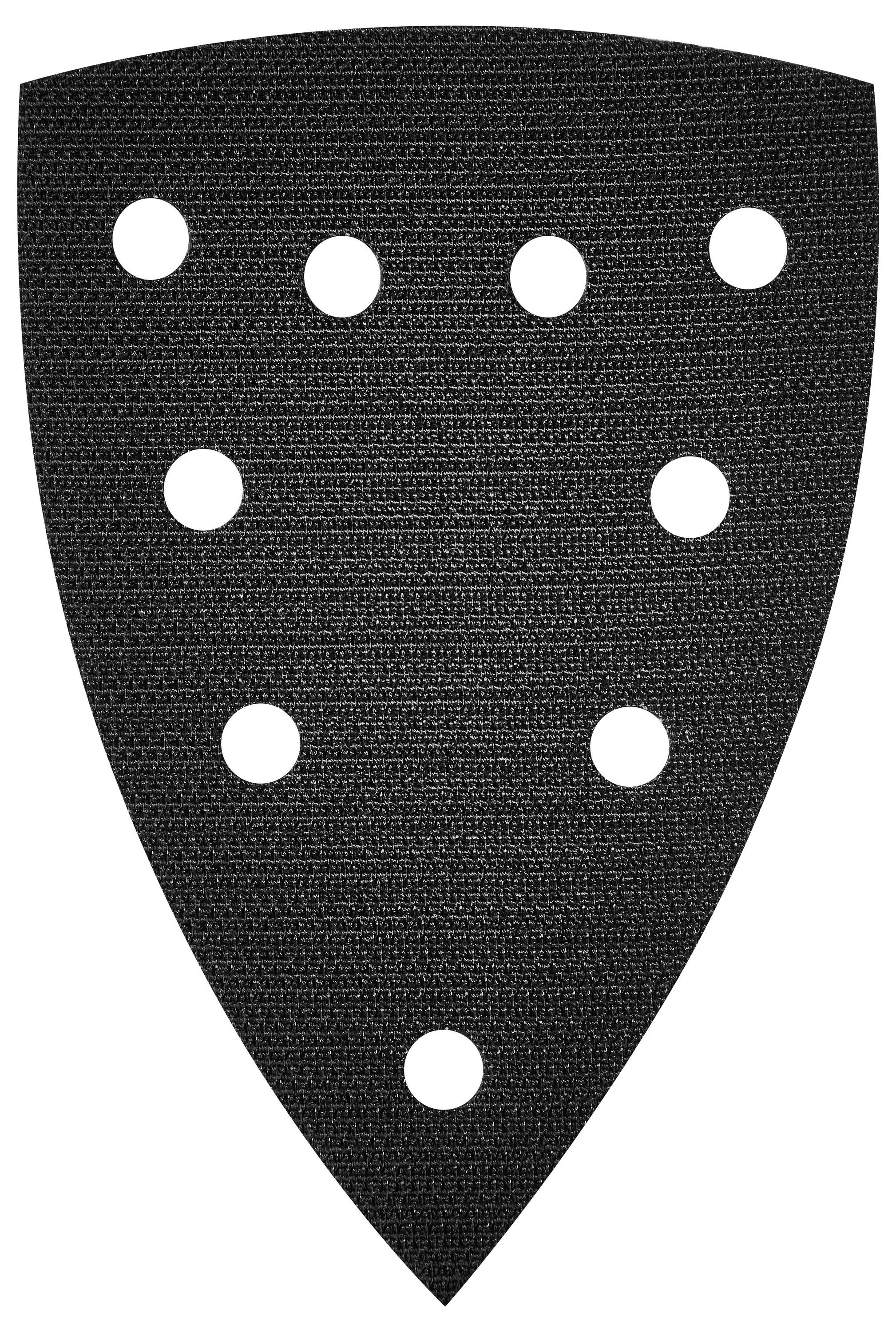 Un objet de forme écusson noir avec une surface texturée et huit trous régulièrement espacés sur trois rangées, utilisé pour des travaux de ponçage ou de polissage.