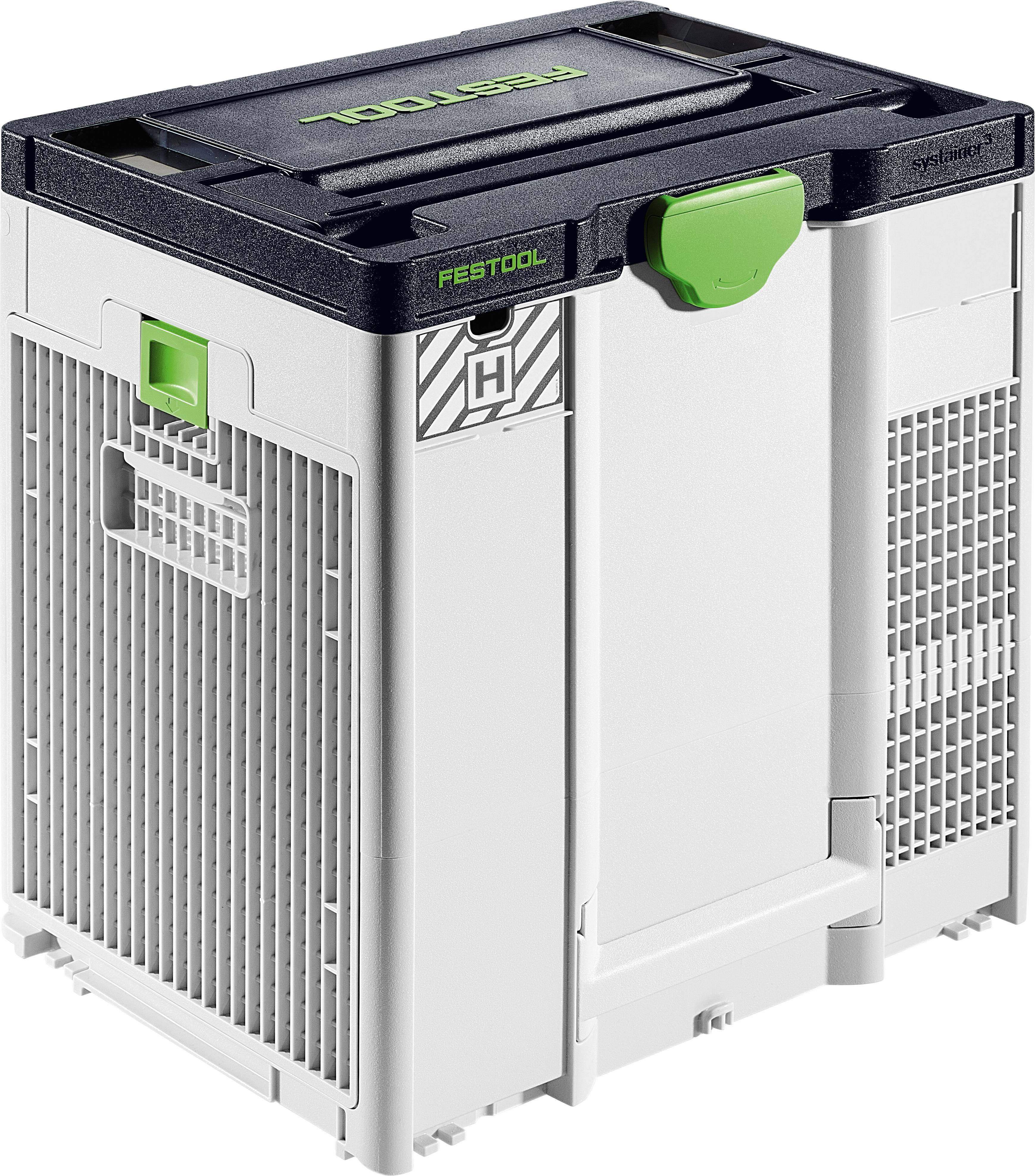 Eine weiße Festool Systainer Aufbewahrungsbox mit schwarzem Griff und grüner Verriegelung, entwickelt zum Organisieren und Transportieren von Werkzeugen und Ausrüstung.