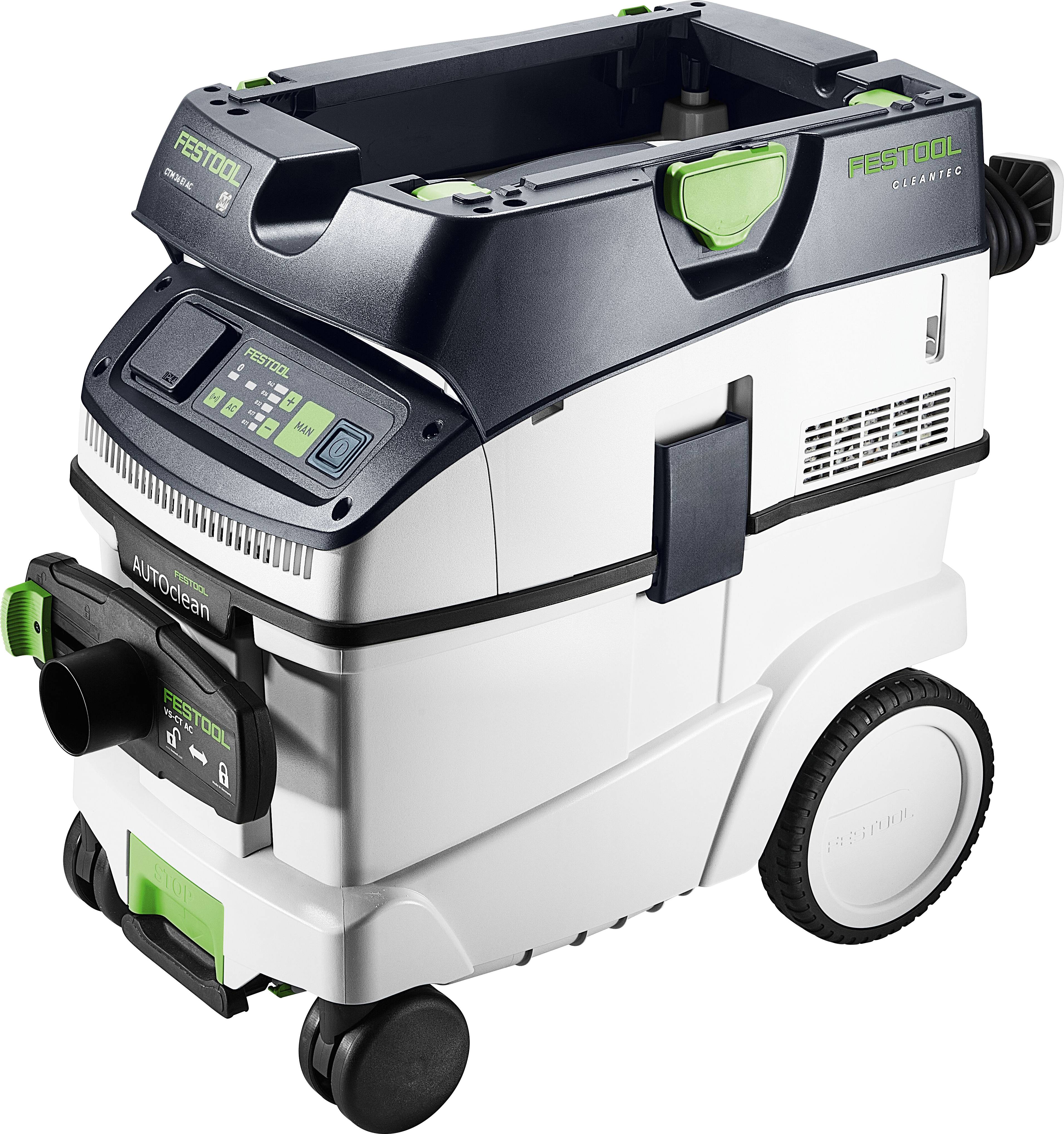 Festool Cleantec Staubsauger in Weiß und Schwarz mit grünen Akzenten, mit Rädern für Mobilität und einem digitalen Bedienfeld.