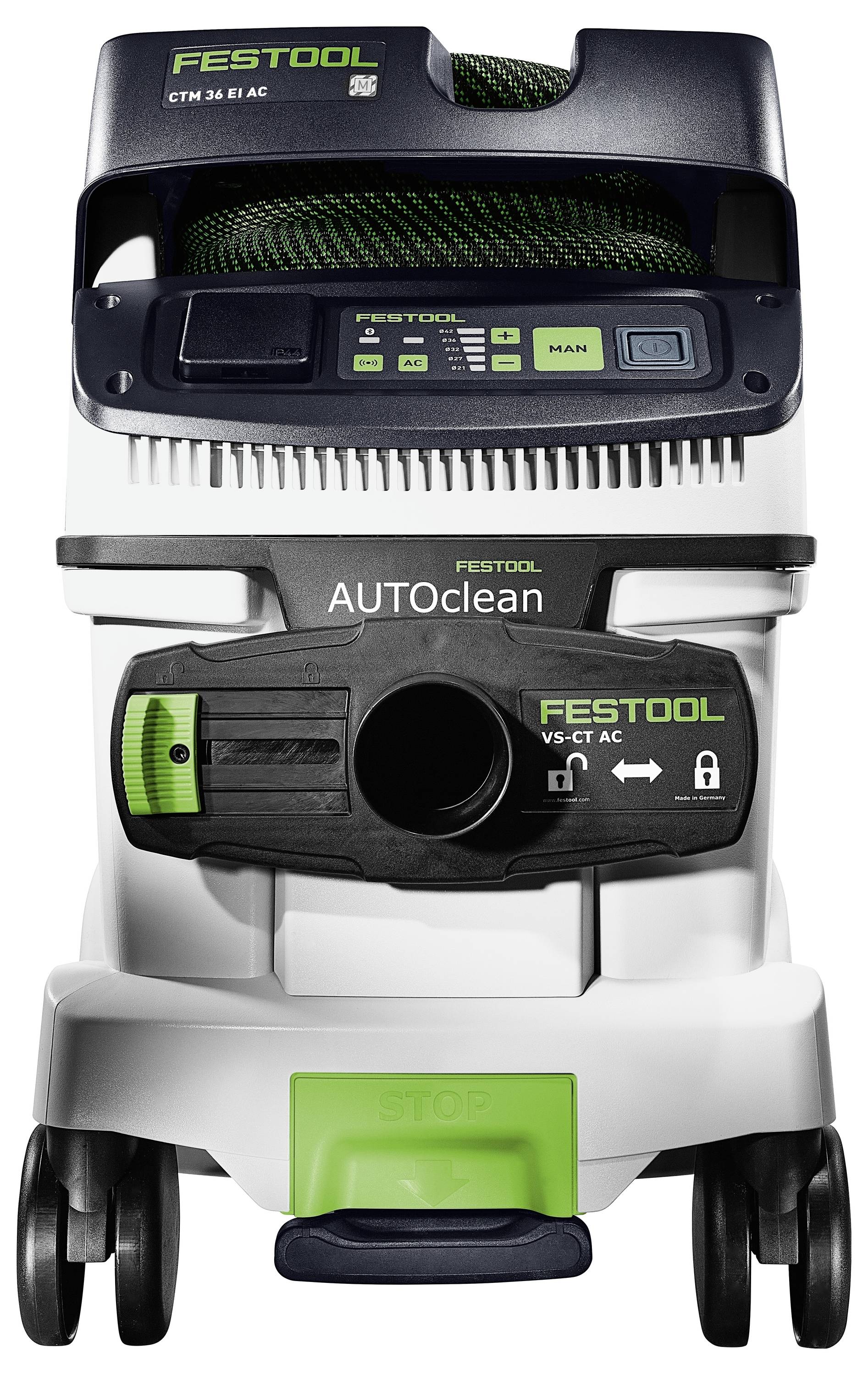 Aspirateur Festool CTM 36 E AC avec la fonction AUTOClean, un panneau de commande pour les réglages d'aspiration et de grandes roues pour la mobilité.