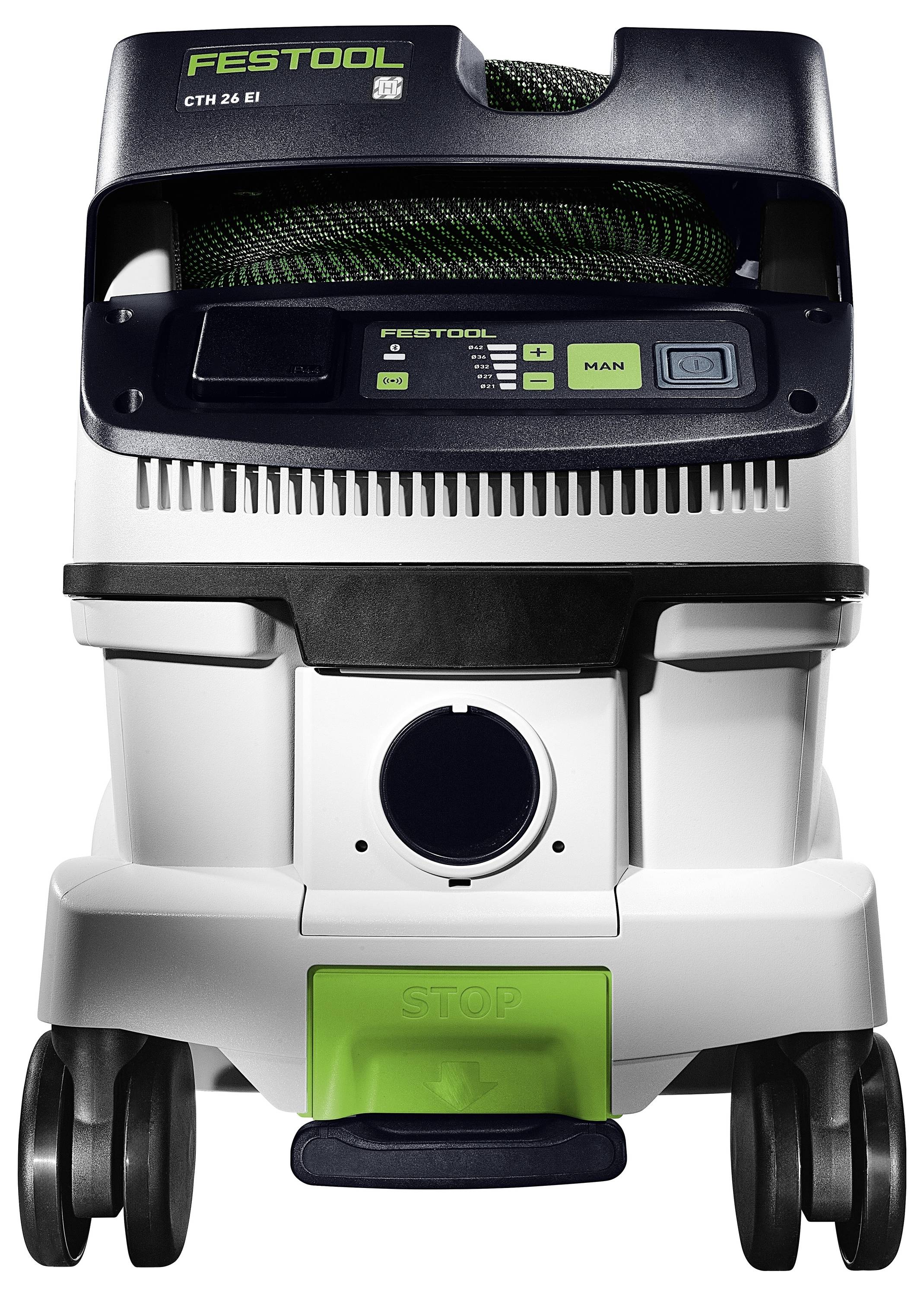 Extracteur de poussière avec roues, commandes sur le dessus et logo de marque « Festool » visible. Carrosserie de couleur blanche et foncée avec des accents verts.