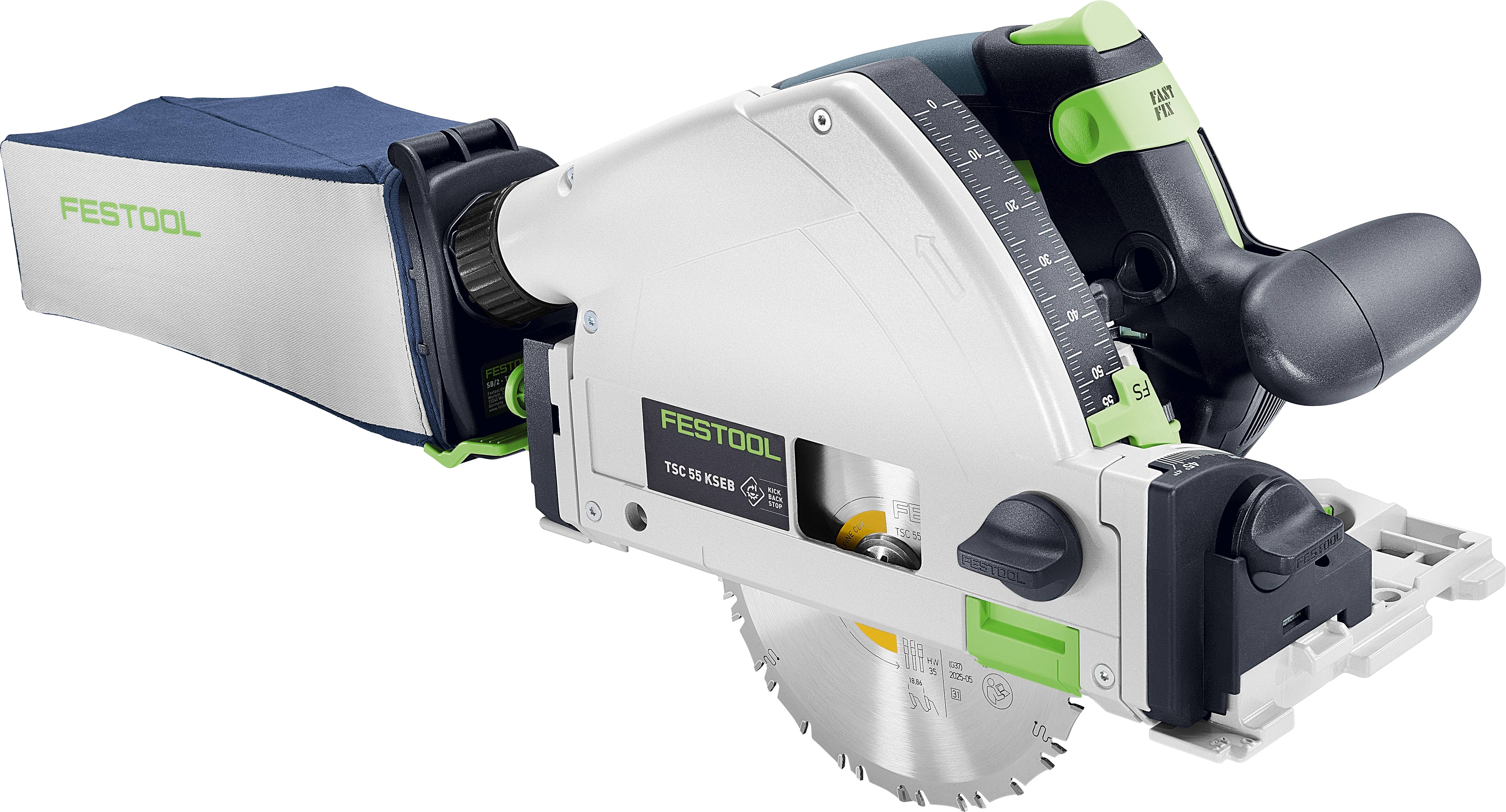 Eine Festool TSC 55 K kabellose Schienensäge mit grünen und schwarzen Akzenten, ausgestattet mit einem Staubbeutel und einer Skala für präzise Einstellungen.
