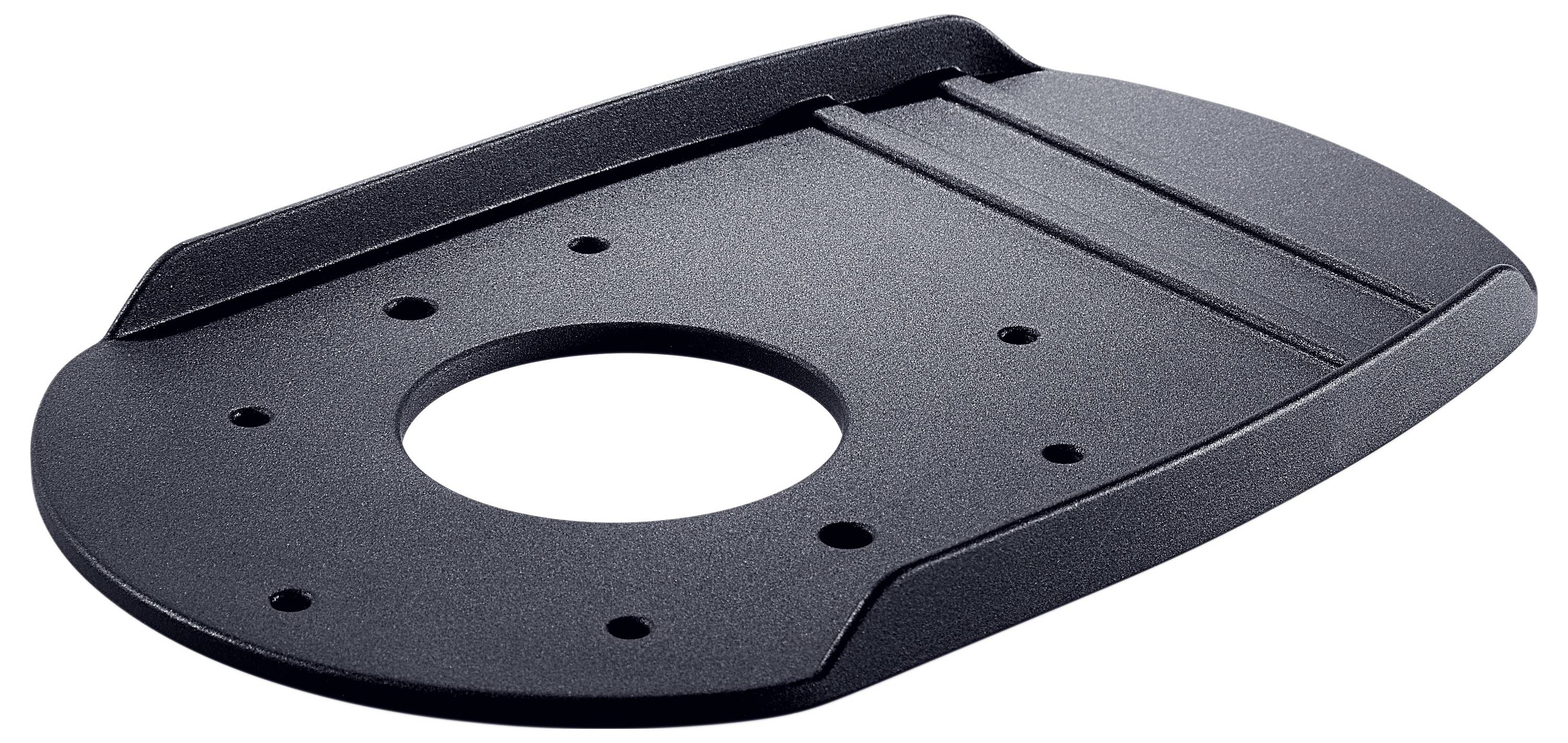 Une plaque de base de routeur de forme ovale et noire avec plusieurs trous et une grande ouverture circulaire centrale pour l'attachement de l'outil.