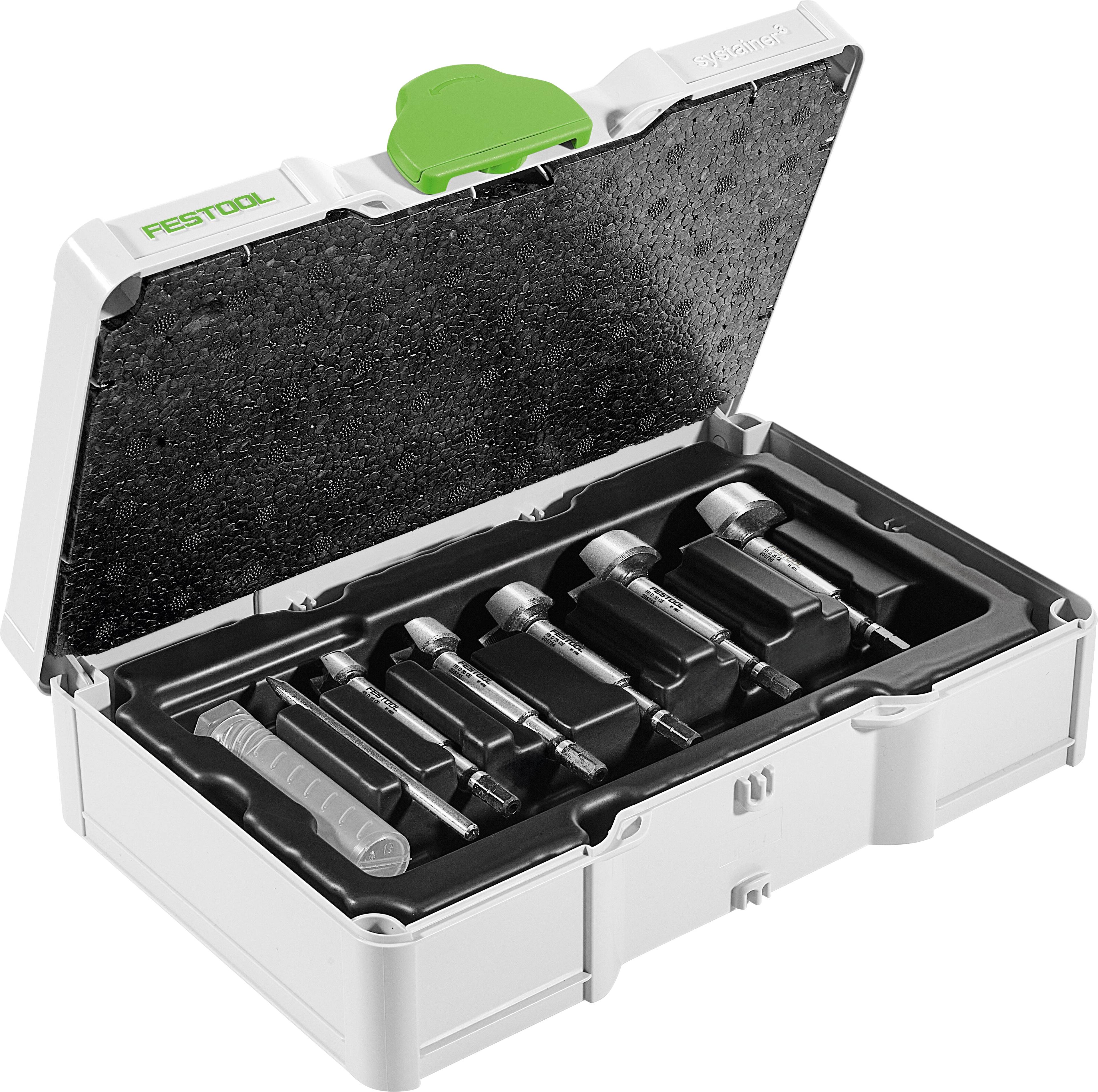 Festool-beschrifteter Koffer offen, mit Präzisionswerkzeugen und Schutzschaum-Auskleidung.