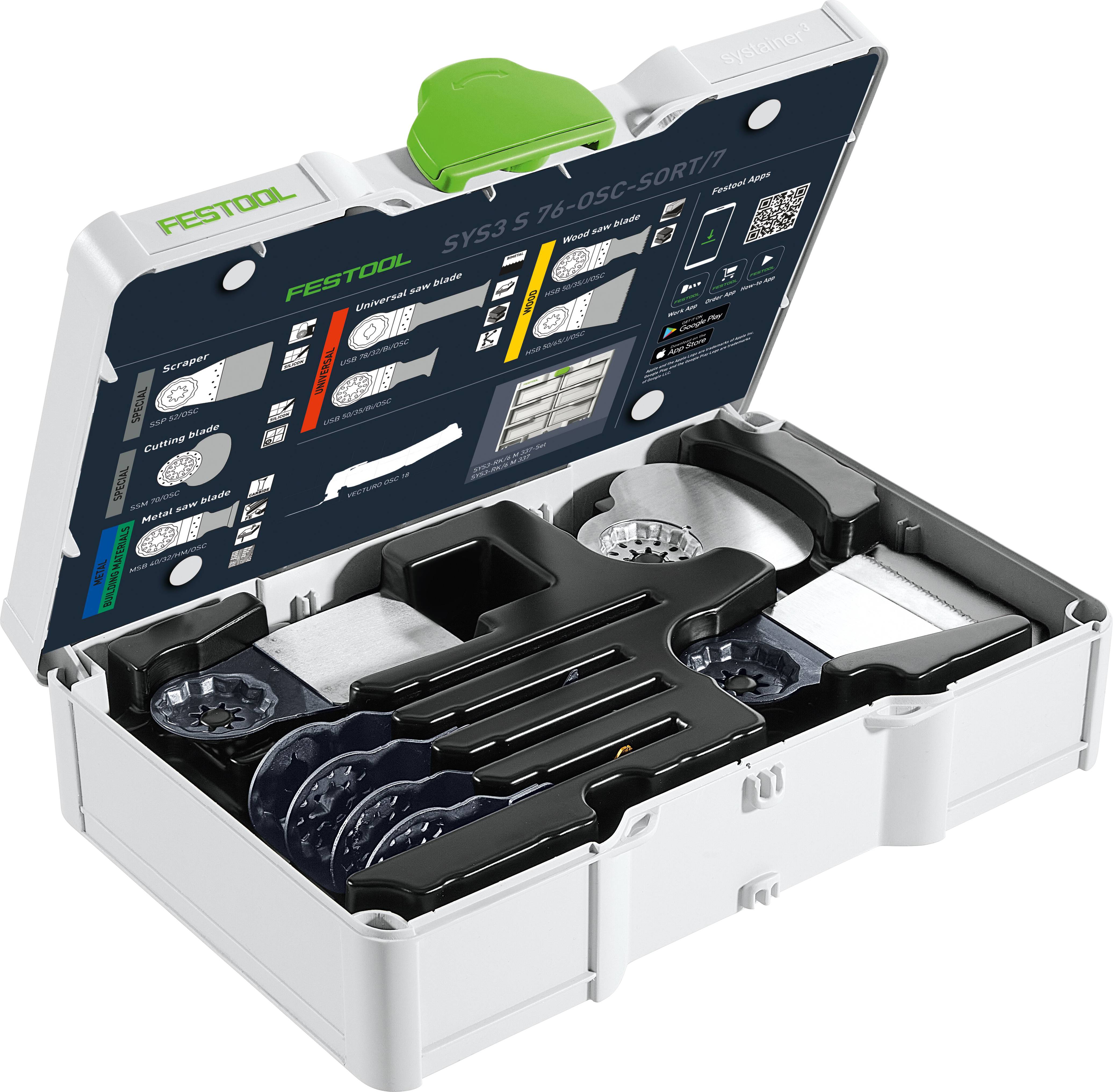 „Festool-Werkzeugsatz in offener weißer Box mit verschiedenen Holzbearbeitungsaufsätzen. Beschriftete Fächer zeigen Artikelnamen und Symbole für einfache Auswahl.