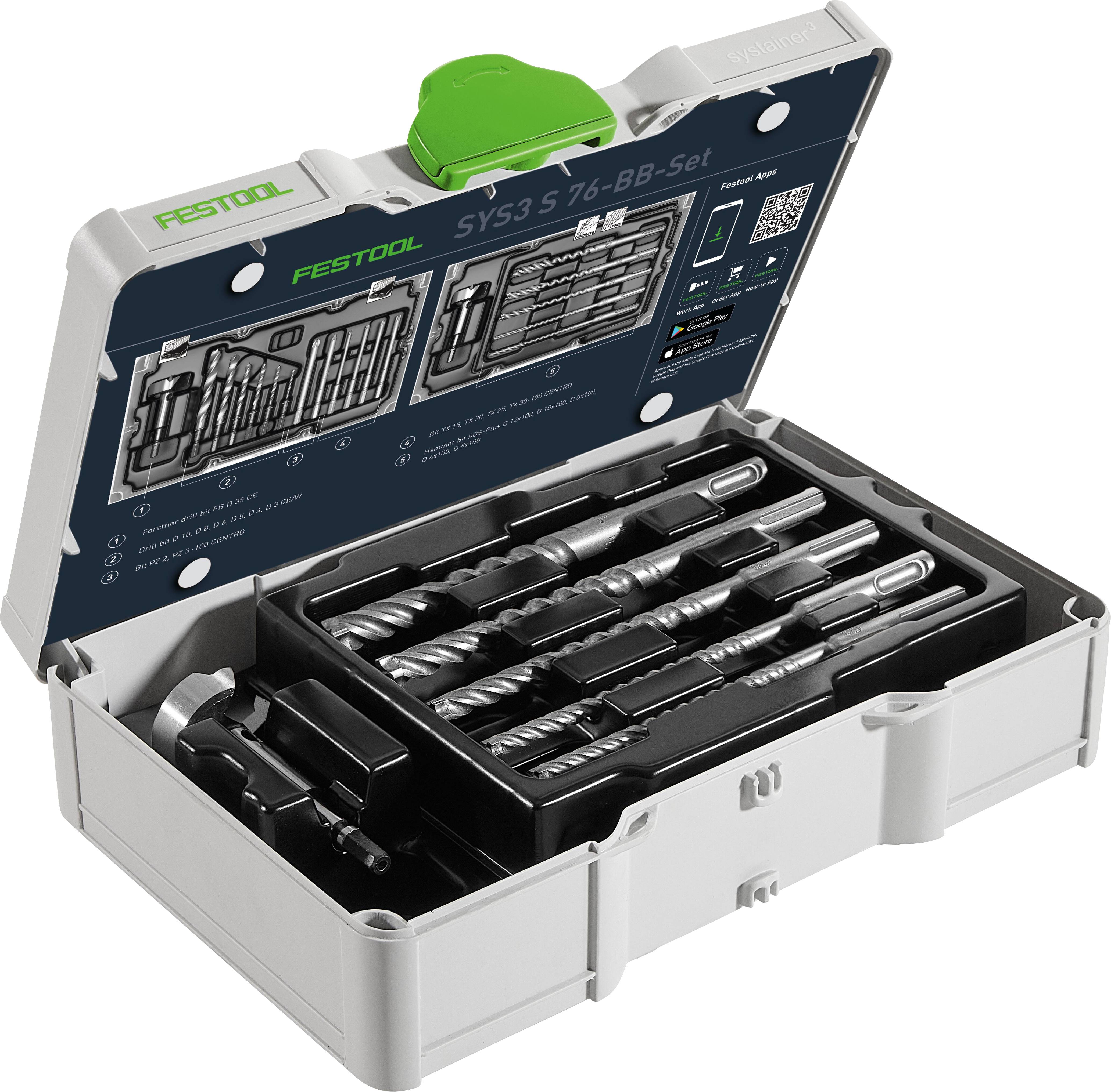 Festool SYS3 S 76 BB-Set Koffer offen, zeigt verschiedene Bohrer und Werkzeuge, die in Fächern organisiert sind, für den professionellen Gebrauch.