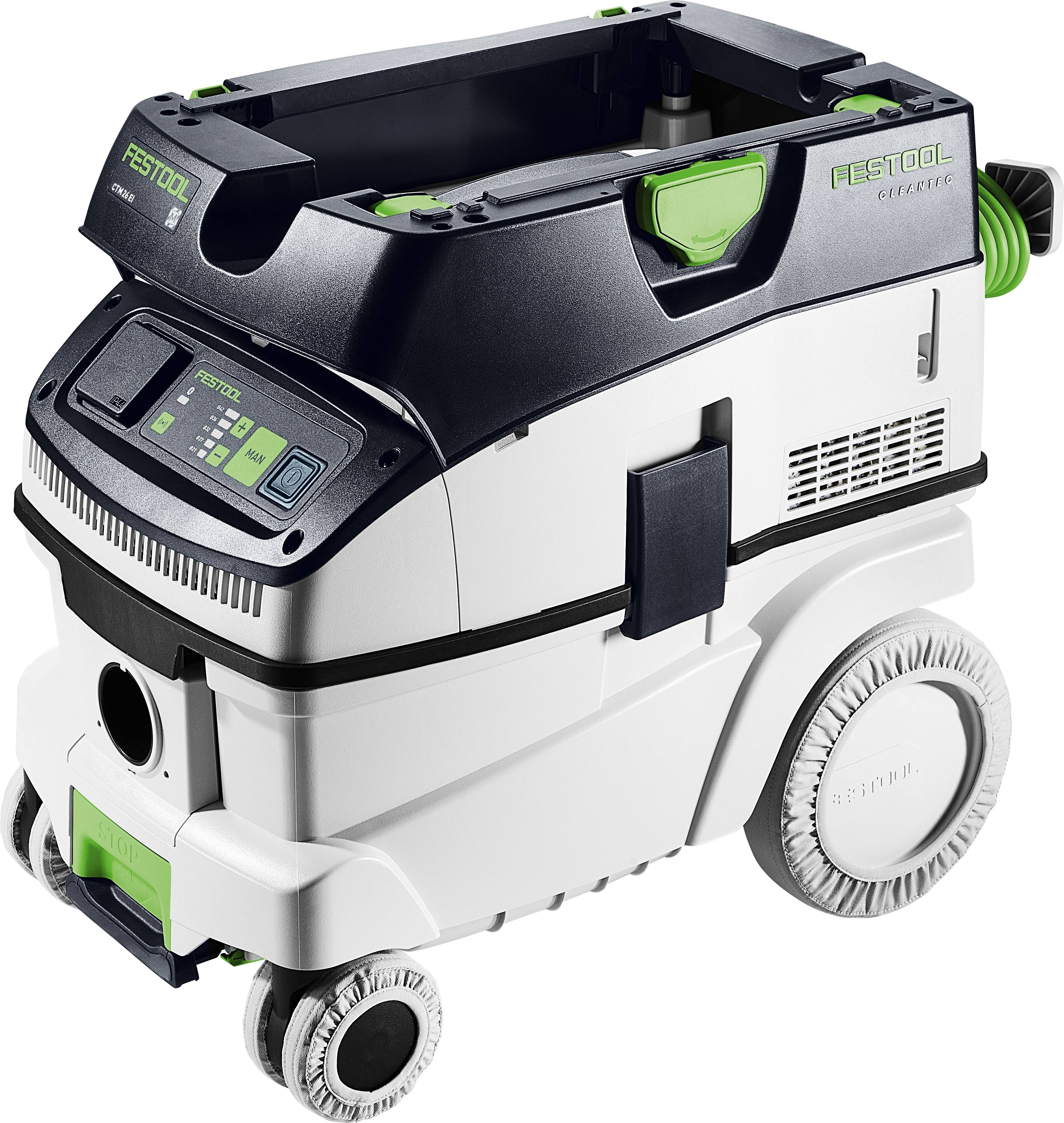 Ein kompakter, fahrbarer Festool-Staubsauger in Schwarz und Weiß mit grünen Akzenten, mit digitalen Bedienelementen und robustem Griff.