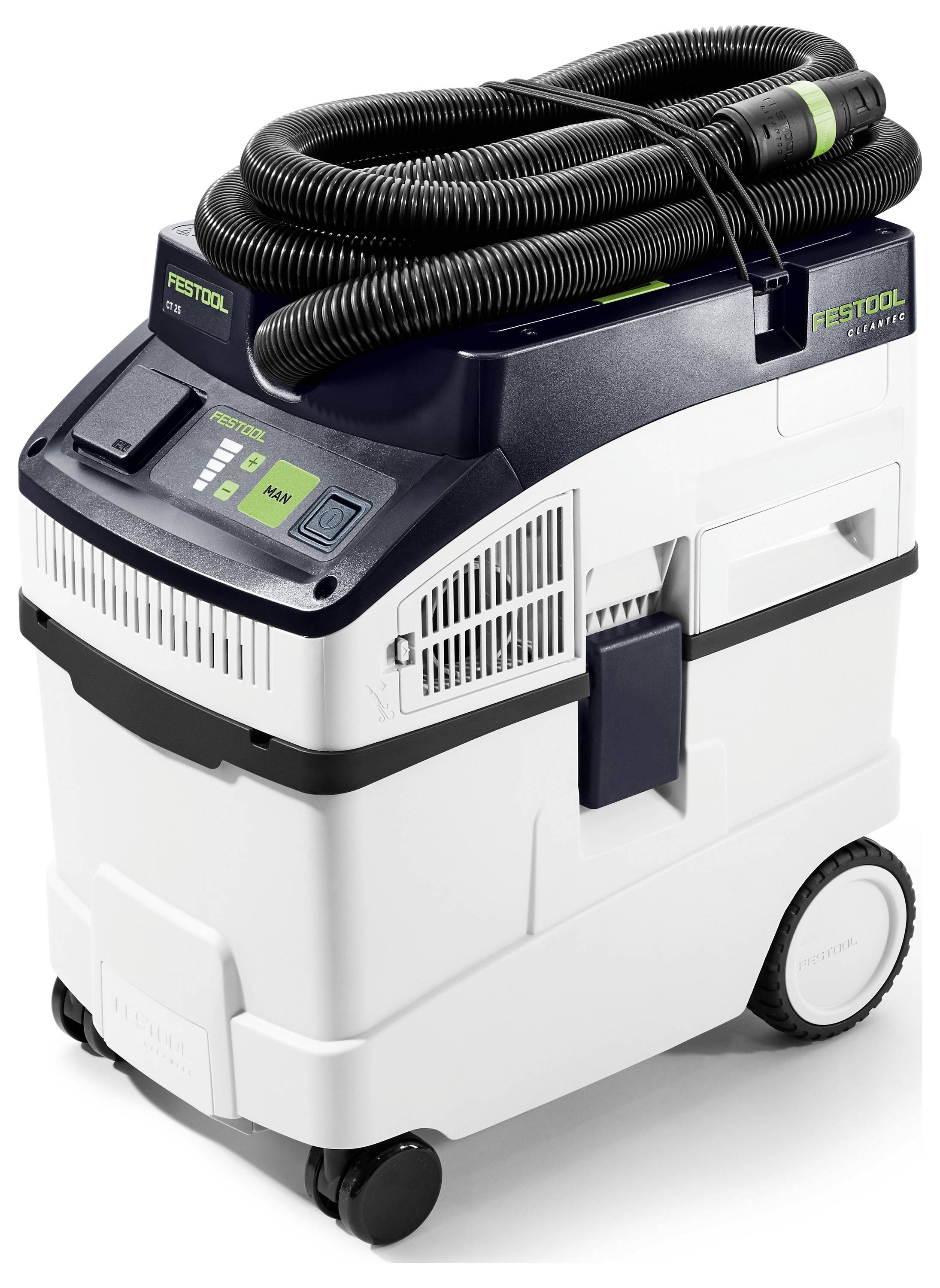 Aspirateur d'atelier portatif équipé de roues et d'un tuyau attaché, dotés d'un panneau de commande avec des boutons et des cadrans pour différents réglages.