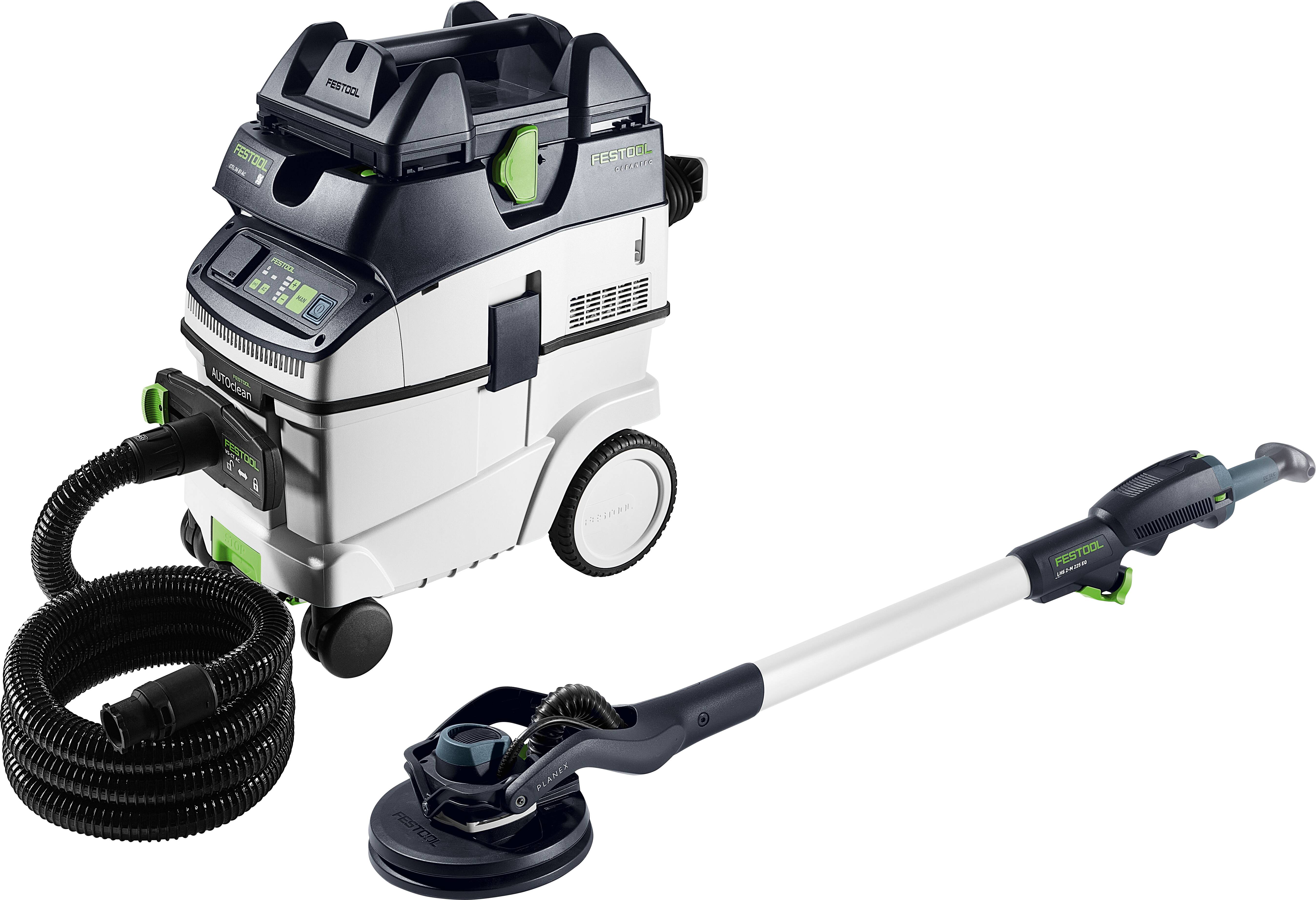 Festool Planex LHS 2 225 Trockenbauschleifer mit angeschlossenem Schlauch und Absauganlage. Entwickelt für effizientes Schleifen von Trockenbau mit Staubabsaugung.