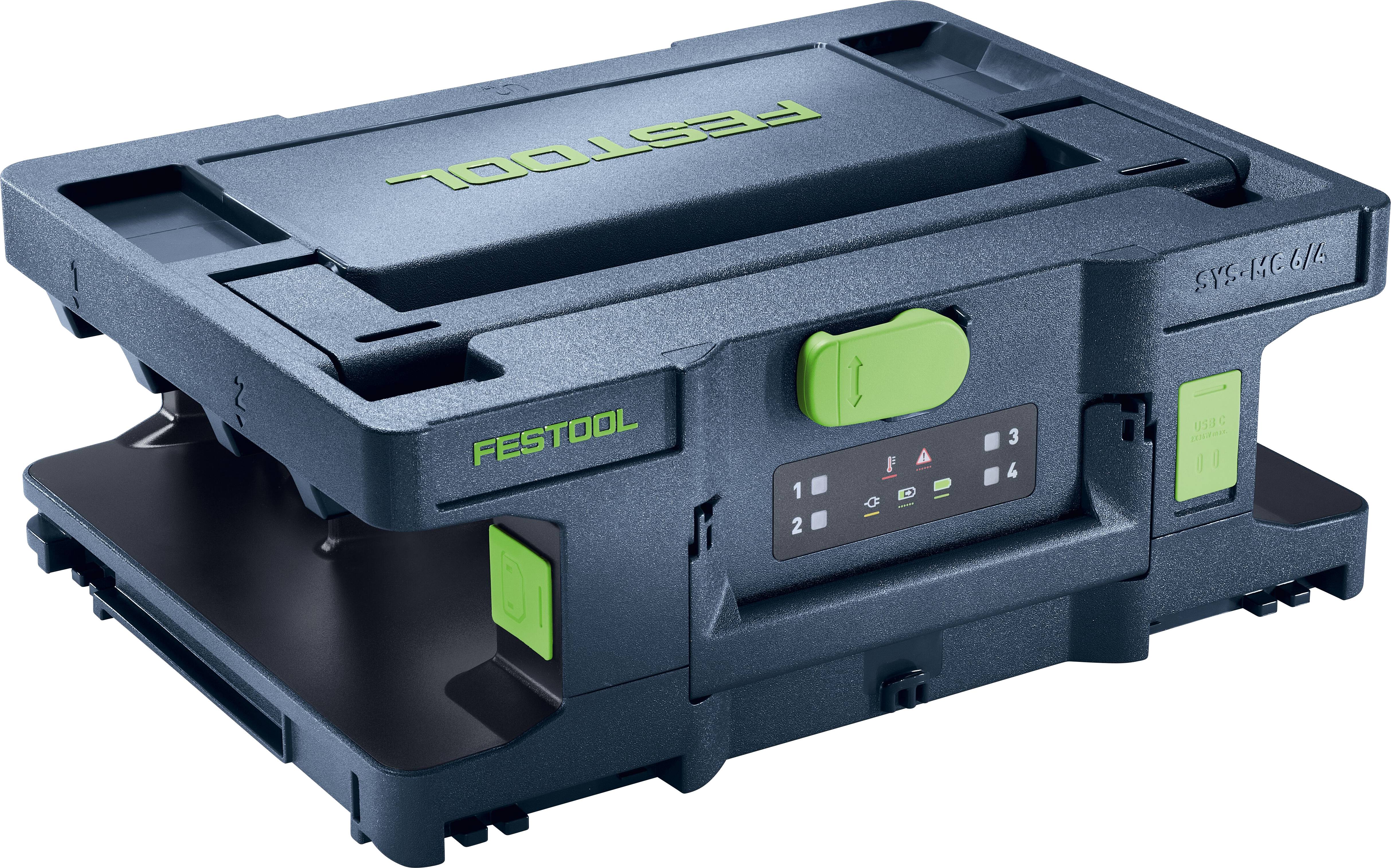 Eine blaue Festool Systainer SYS-MG 1/2 Lagerkiste mit grünem Riegel und Bedienfeld.