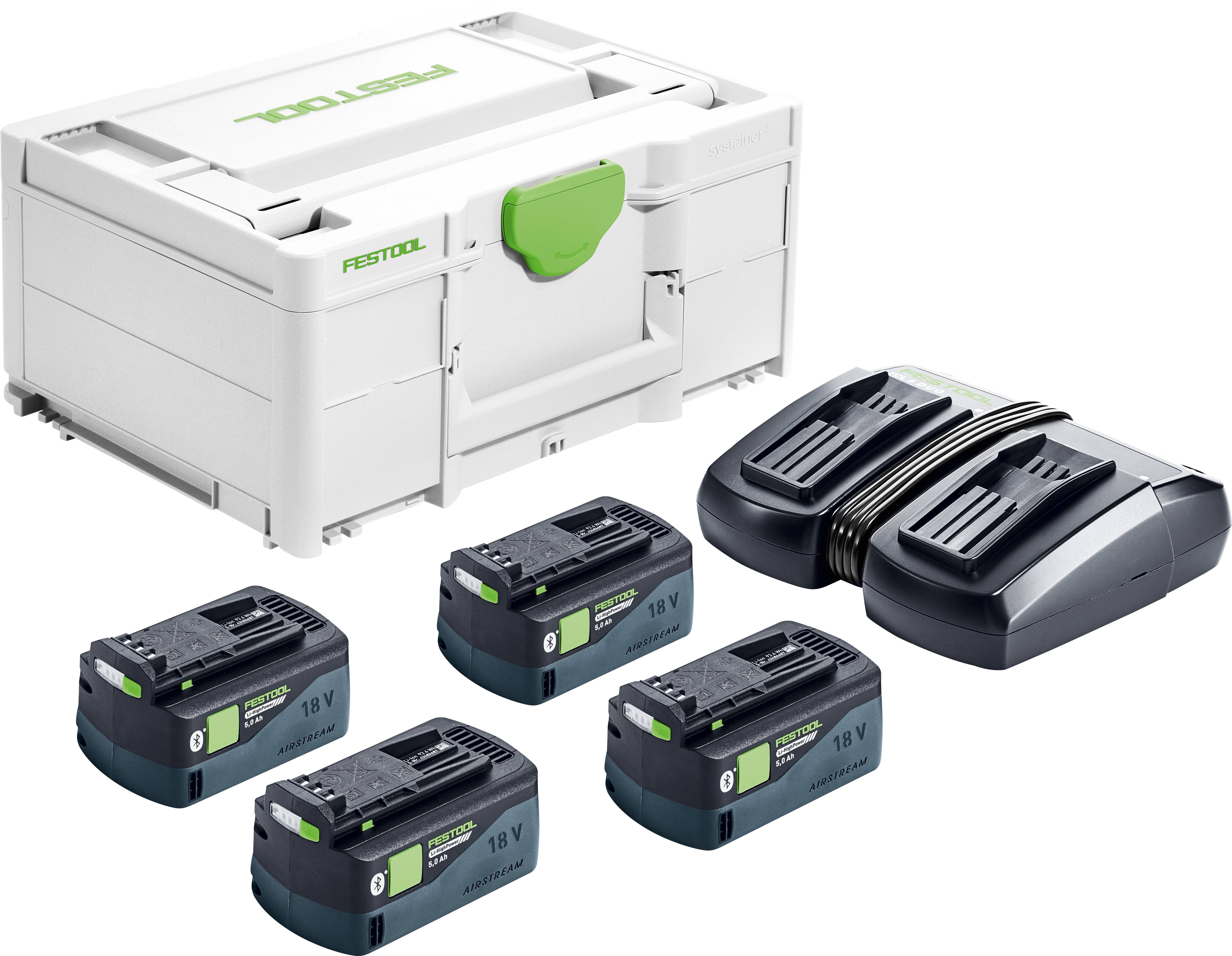 Eine Festool-Werkzeugaufbewahrungsbox mit drei 18-V-Akkus und einem Dual-Ladegerät. Das Set scheint für Elektrowerkzeuge konzipiert zu sein.