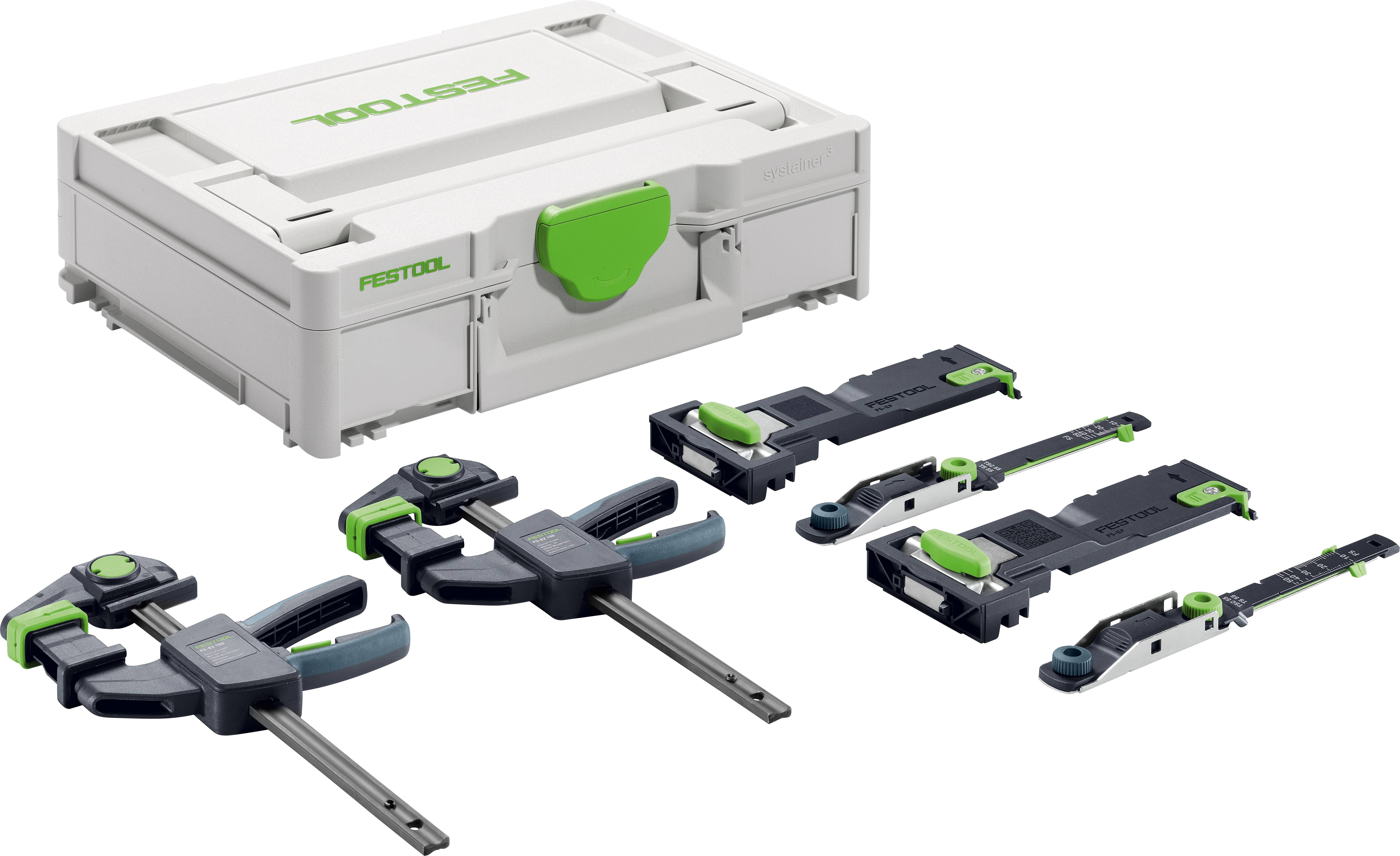 Werkzeugkasten der Marke 'Festool' mit grünen Akzenten, der mehrere schwarze und grüne Spannzwingen enthält, die für Holzbearbeitung oder Baukonstruktion konzipiert sind.