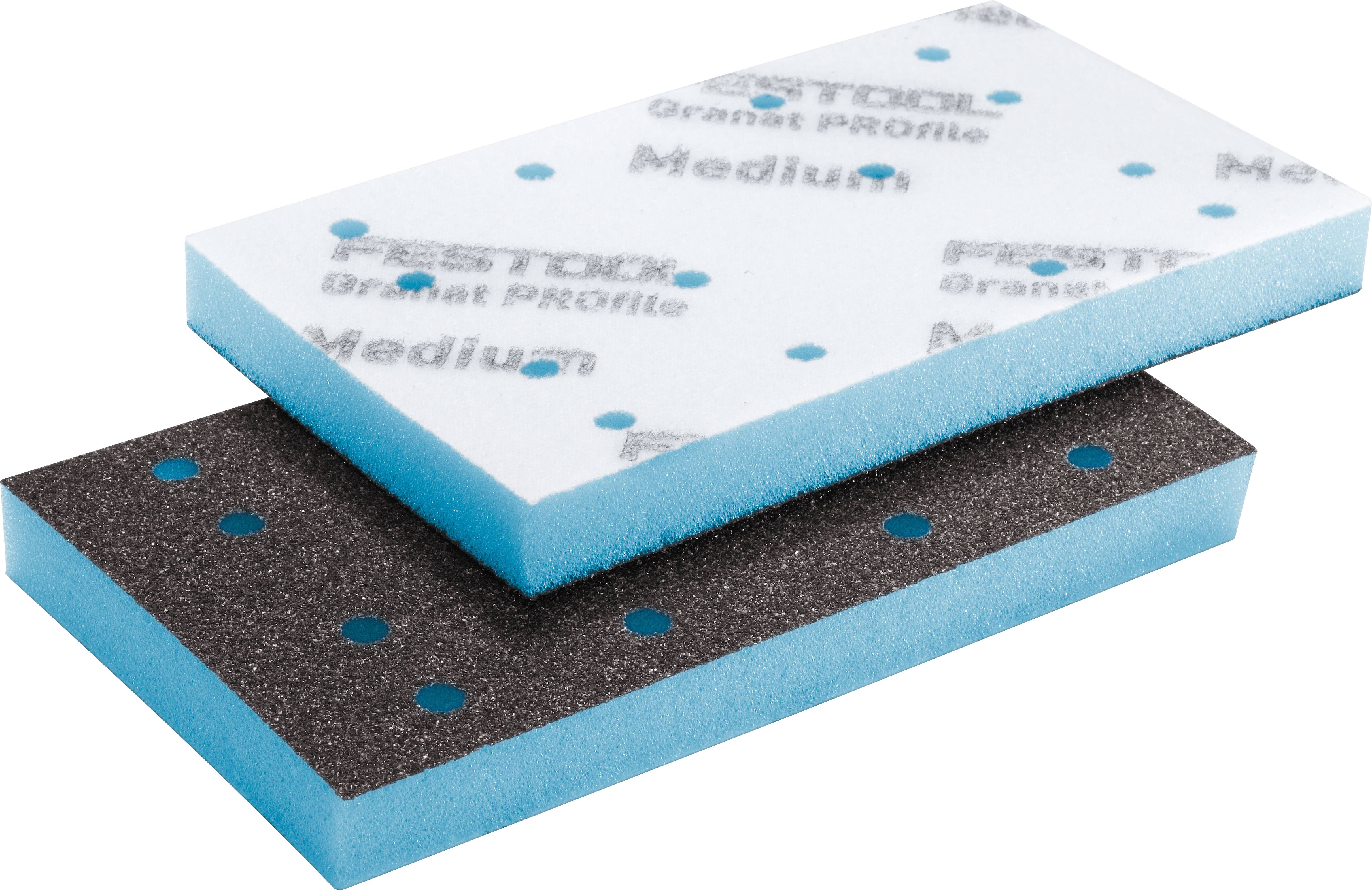 Zwei Schleifscwämme mit der Bezeichnung Festo-Profil mittel; der obere Schwamm hat eine weiße Oberseite mit blauem und grauem Text, der untere Schwamm ist schwarz mit blauen Punkten.