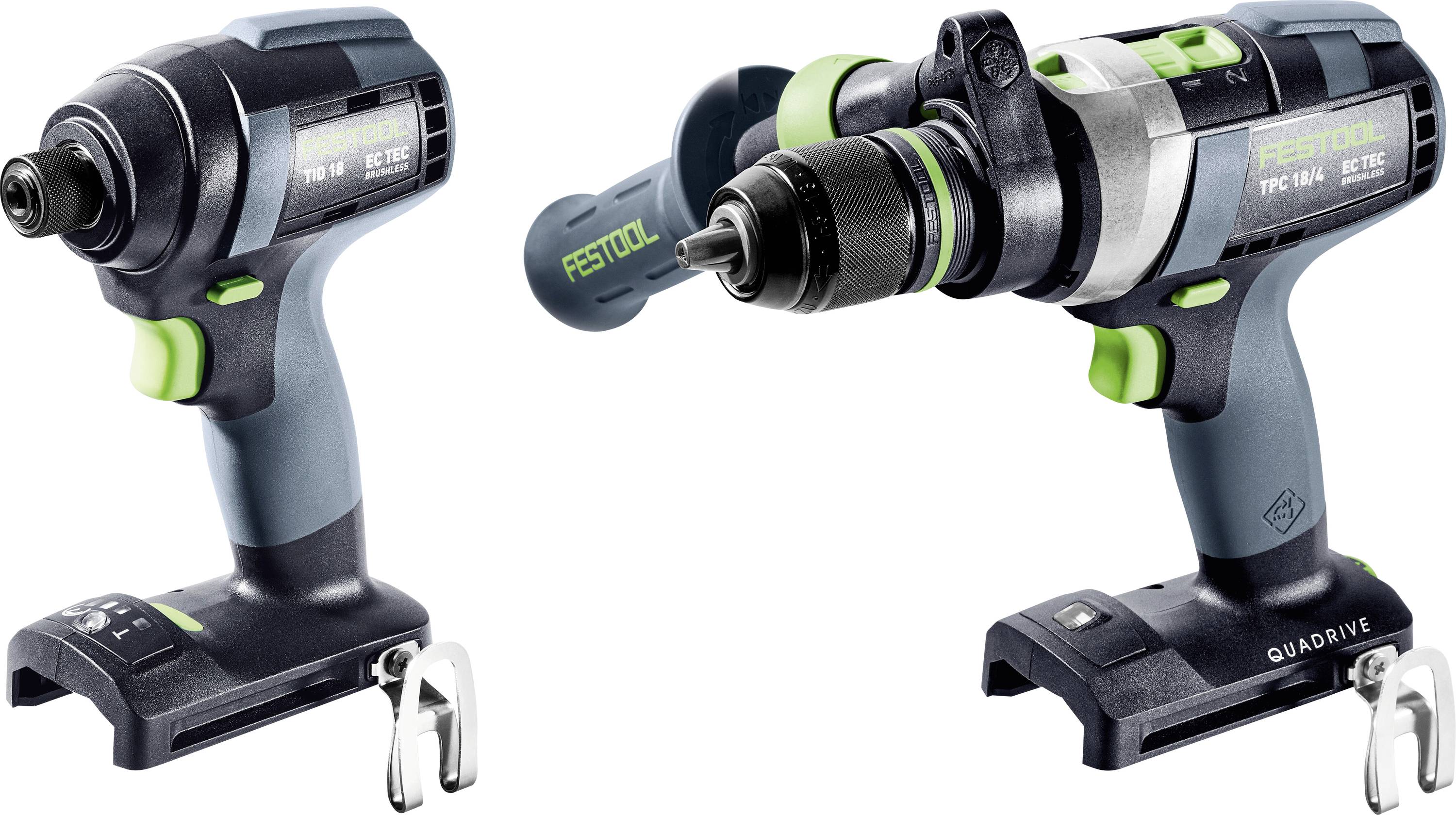 Deux outils électriques Festool, un tournevis à choc et une perceuse, sont présentés avec des designs ergonomiques et des accents vert citron.