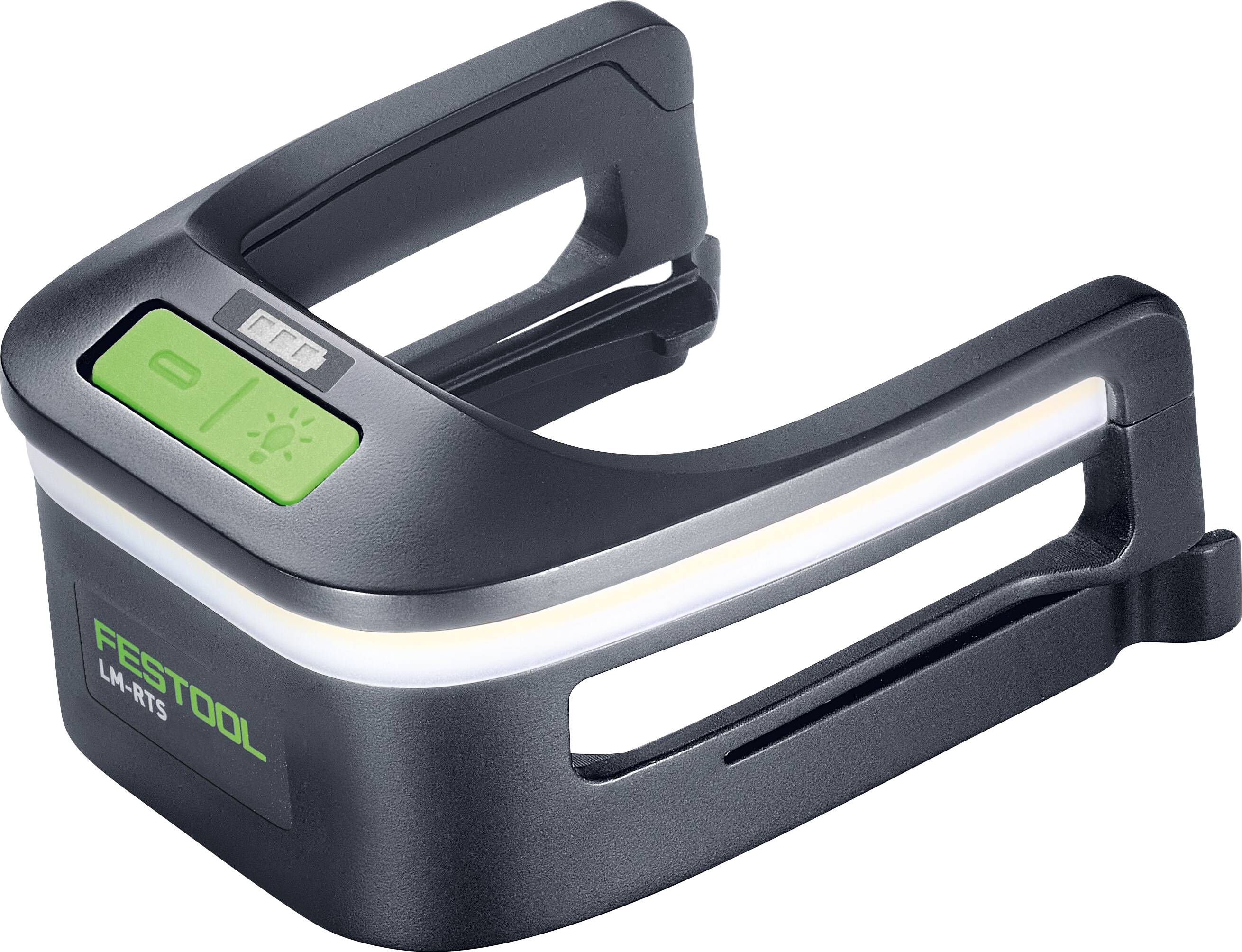 Ein kompaktes, schwarzes Batterieeinsatz mit grünem Knopf und LED-Anzeige, entwickelt für die Verwendung mit Festool-Elektrowerkzeugen.
