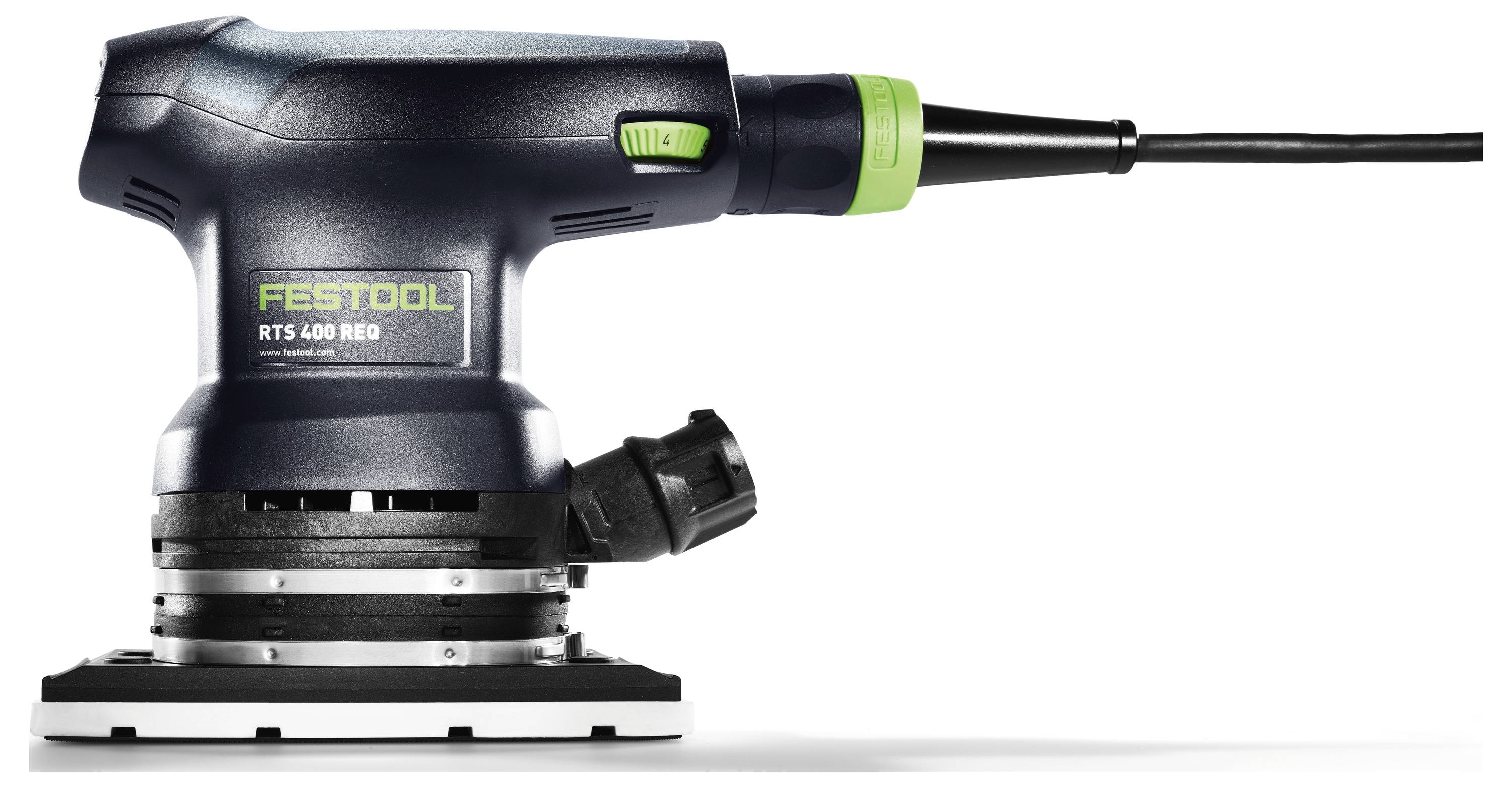 Un ponceuse FESTOOL RTS 400 REQ noire et verte présentée de profil, mettant en évidence son design compact et sa connexion de cordon d'alimentation.