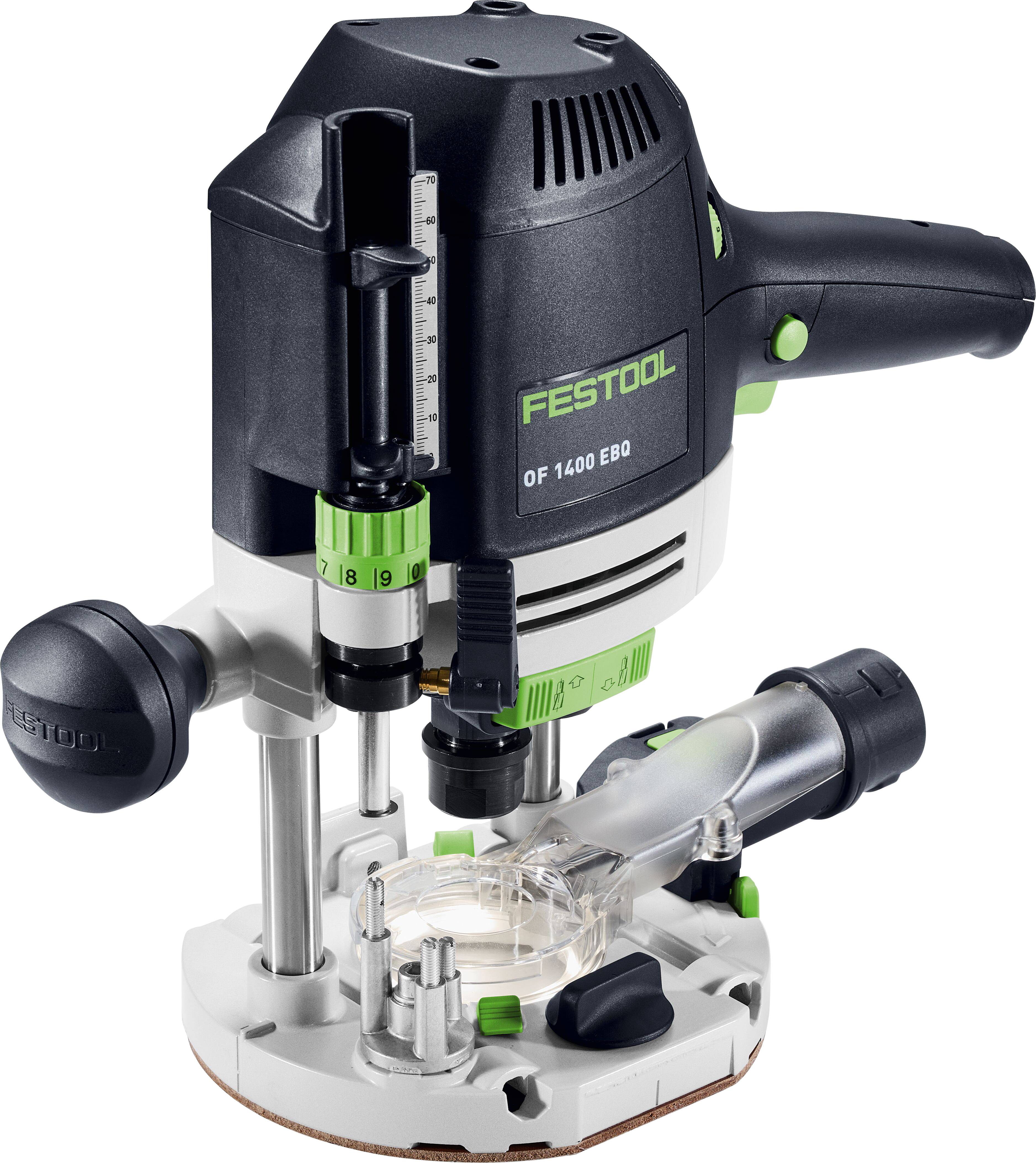 Ein Festool-Oberfräse, Modell OF 1400 EBQ, mit verstellbaren Tiefeneinstellungen, ergonomischem Griff und robuster Konstruktion für präzise Holzbearbeitung.
