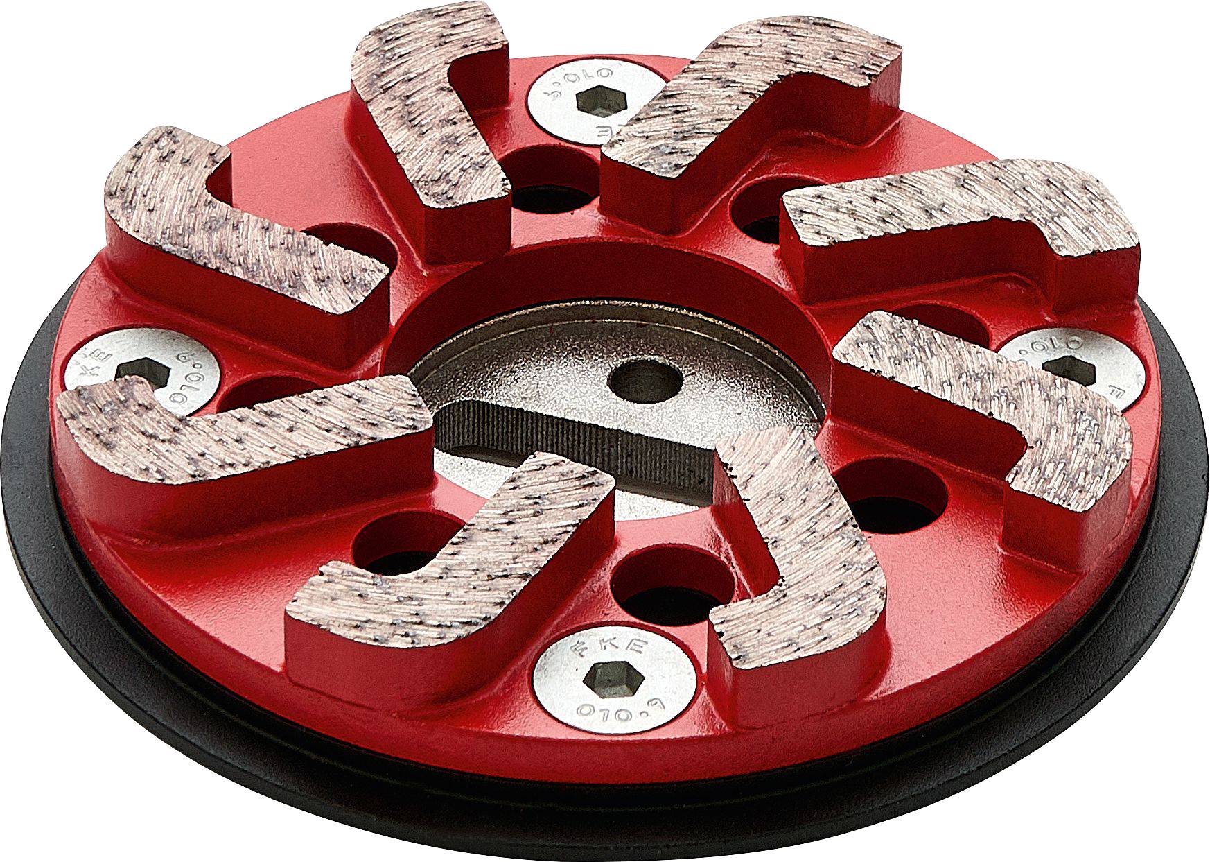 Ein rotes Schleifrad mit silbernen Segmenten, das zum Glätten von Betonoberflächen verwendet wird.
