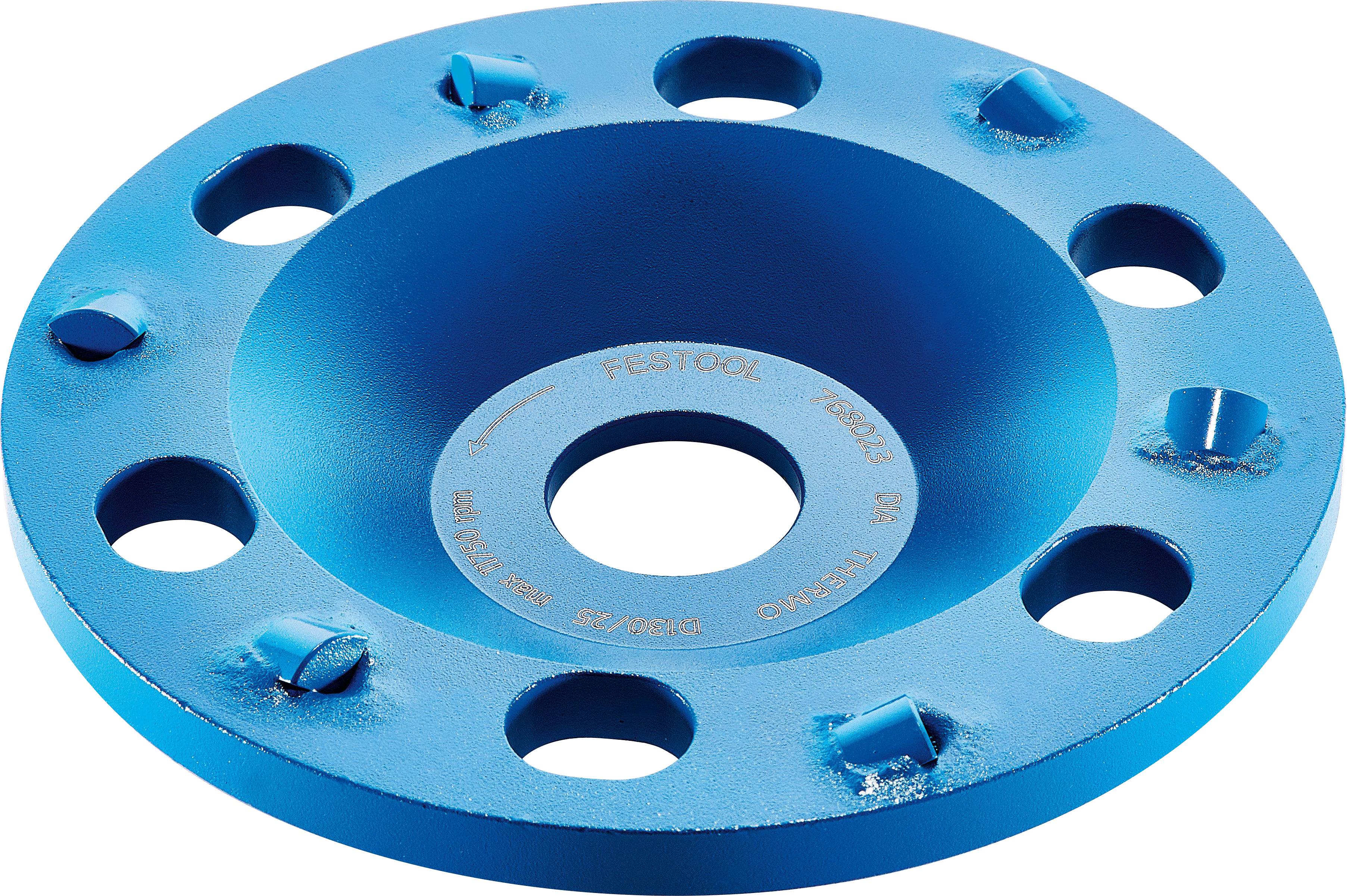 Eine blaue Festool-Schleifscheibe mit acht Löchern und eingebetteten Schleifmittelelementen, die für effiziente Oberflächenfinish-Aufgaben entwickelt wurde.