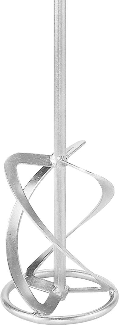 Ein silbernes Metallspiralmischeraufsatz mit Schleifendesign, das mit einem Bohrer zum Rühren oder Mischen von Materialien verwendet wird.
