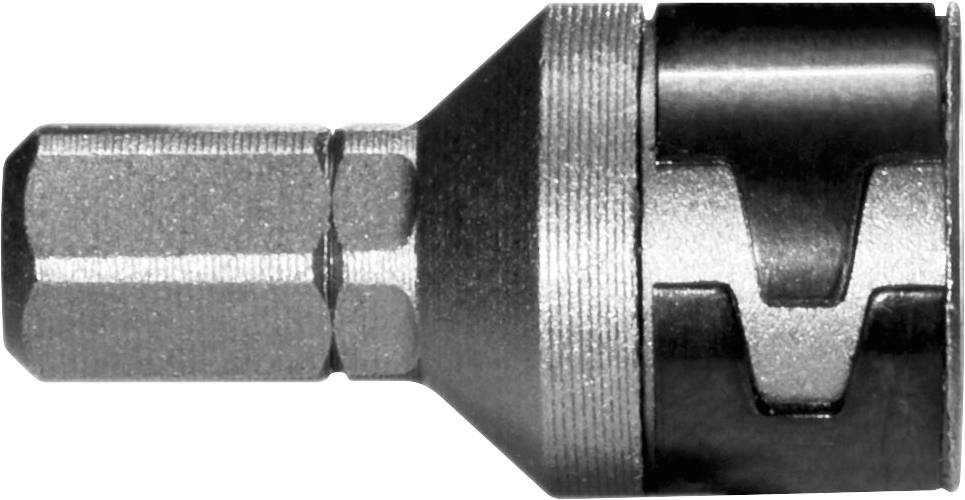 Ein Nahaufnahmebild eines metallischen Bohrers mit sechskantigem Schaft und zylindrischem Kopf, konzipiert für die Verwendung mit Elektrowerkzeugen.