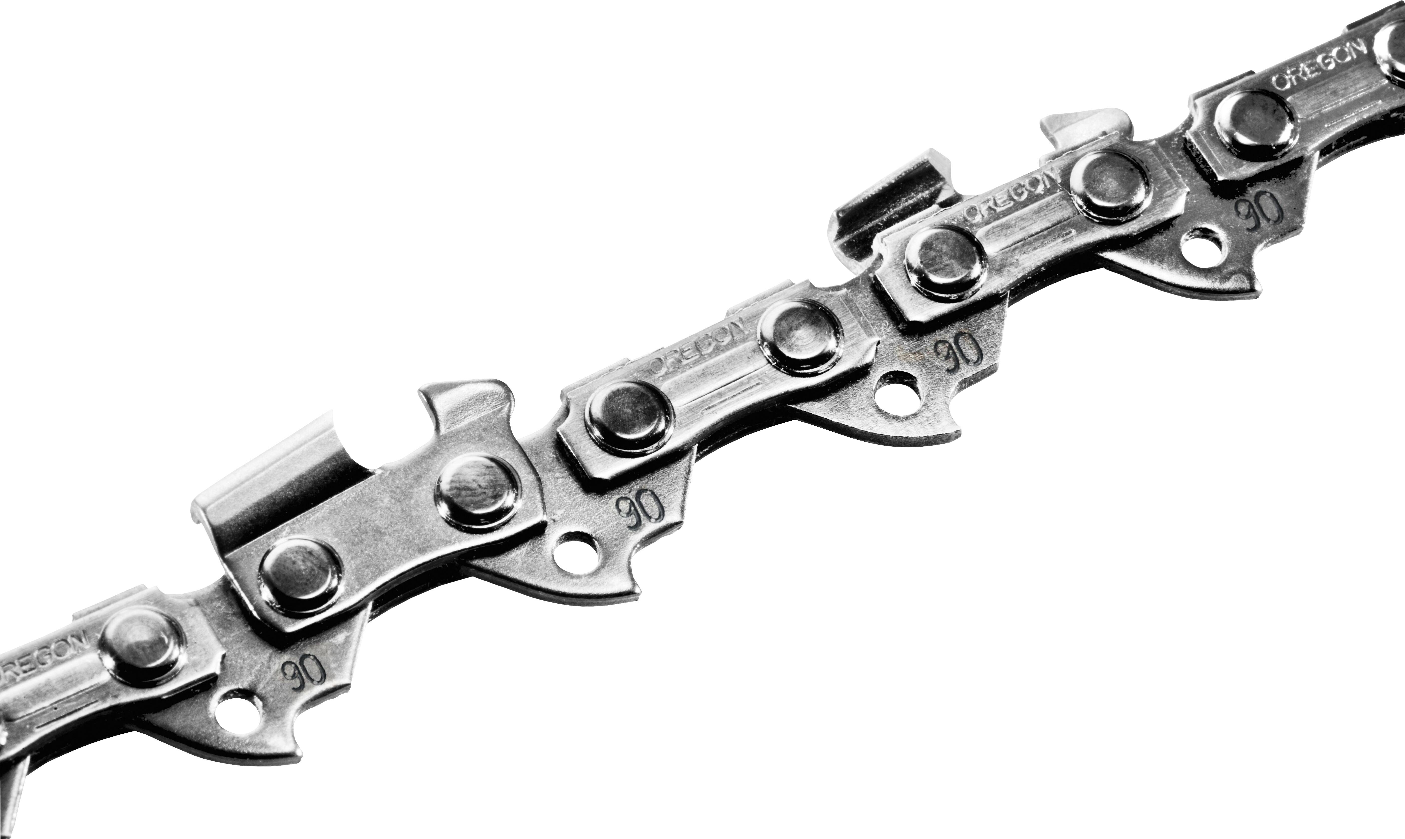 Nahaufnahme einer Kettensägen-Kette mit ihren scharfen Schneidezähnen und Metallgliedern, die ihr Design und ihre Details hervorhebt.