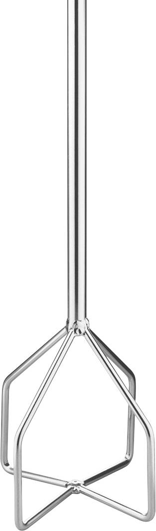 Ein Metallfarb-Mischwerkzeug mit hexagonaler Ausformung am unteren Ende, das zum Vermischen von Stoffen wie Farbe oder Zement verwendet wird, wenn es an einen Bohrer angebracht ist.