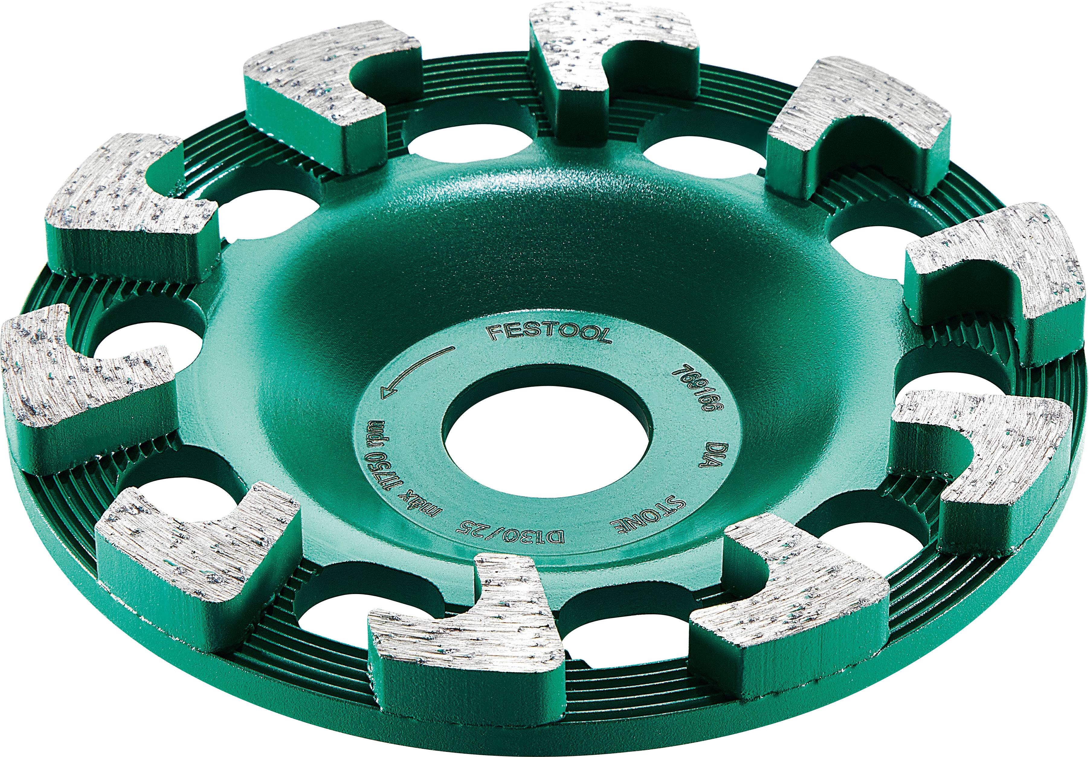 Festool gekennzeichnetes grünes Diamantschleiftopf mit silbernen Segmenten, verwendet zum Schleifen.