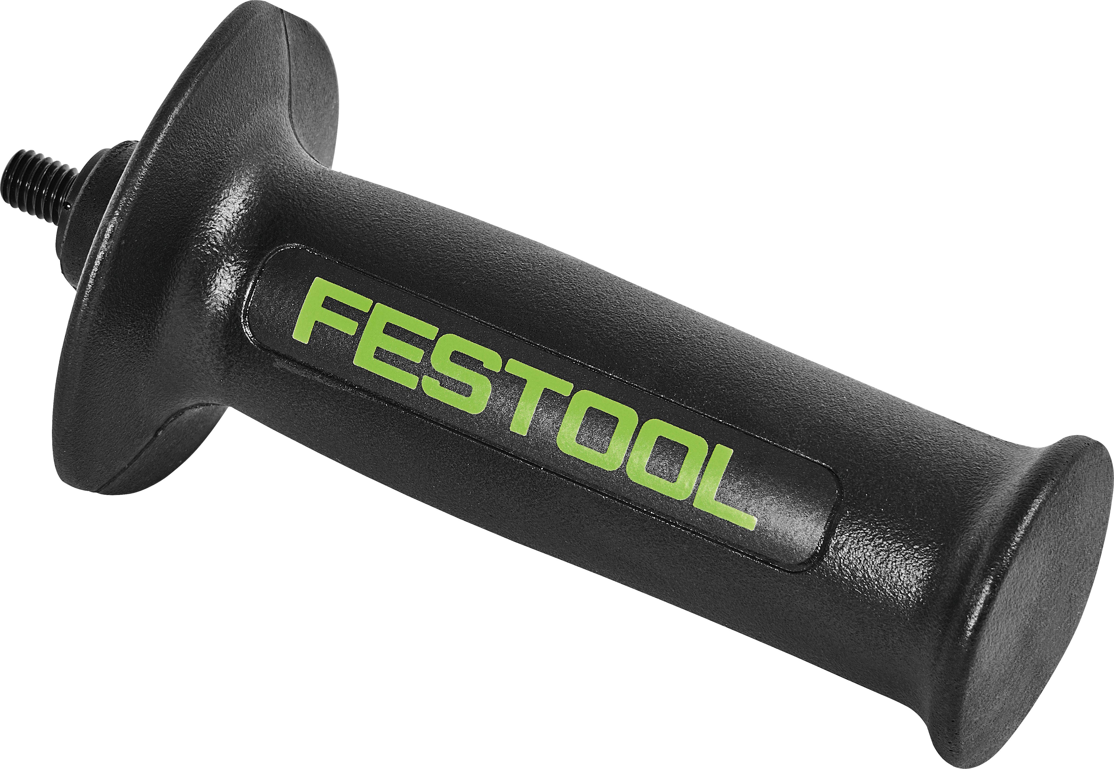 Ein Festool FS-KS Führungsschiene mit Anschlag, verwendet für präzises Holzzuschneiden, mit Sicherheits- und Anleitsymbolen auf der Oberfläche.