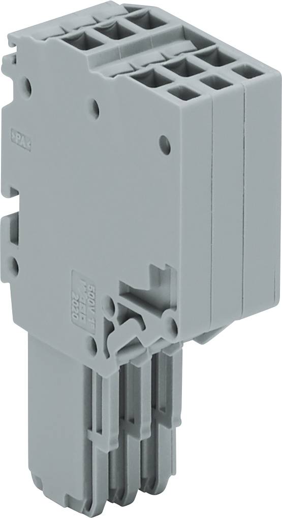 Un bloc connecteur électrique multicouche de couleur grise avec plusieurs bornes et logements pour fils, utilisé dans les applications de montage en panneau.