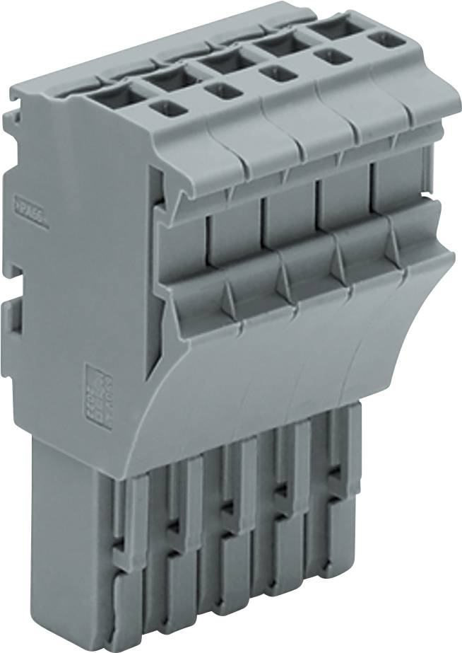 Un connecteur électrique gris à broches multiples avec un design à nervures, utilisé pour relier plusieurs fils dans les équipements électroniques.