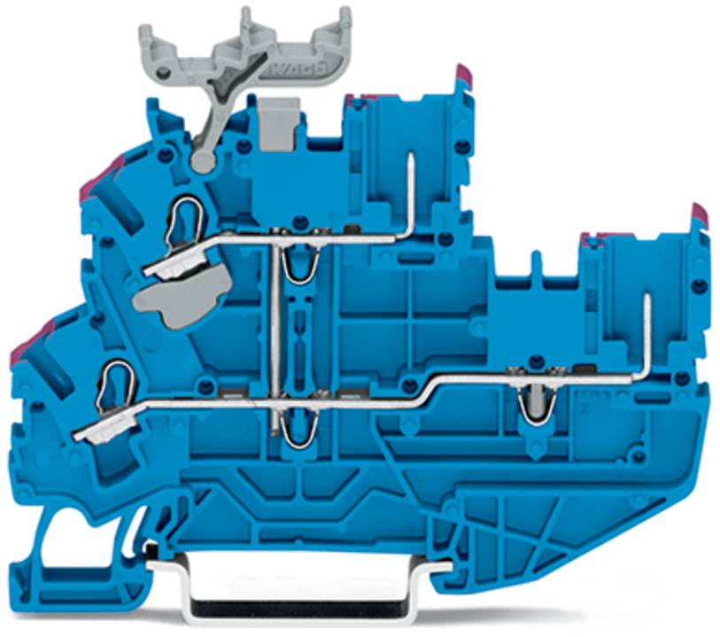 Eine blaue und graue Industriekomponente mit mehreren Ebenen und Kanälen, möglicherweise Teil eines elektrischen oder mechanischen Systems, die ihre innere Struktur zeigt.