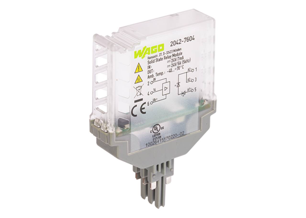 Ein Halbleiterrelais-Modul mit dem Markennamen und technischen Spezifikationen auf seinem Gehäuse aufgedruckt, einschließlich der Modellnummer '2042-7604'.