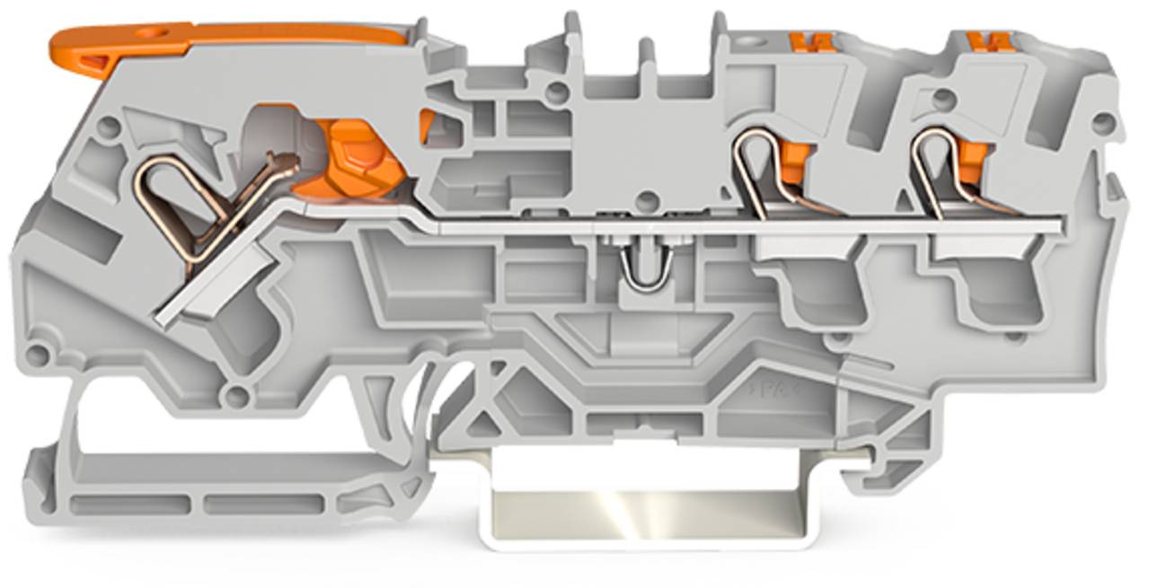 Querschnitt eines grau-orangefarbenen Klemmenblocks mit Darstellung der internen Komponenten, einschließlich Metallverbinder und Kunststoffgehäuse.