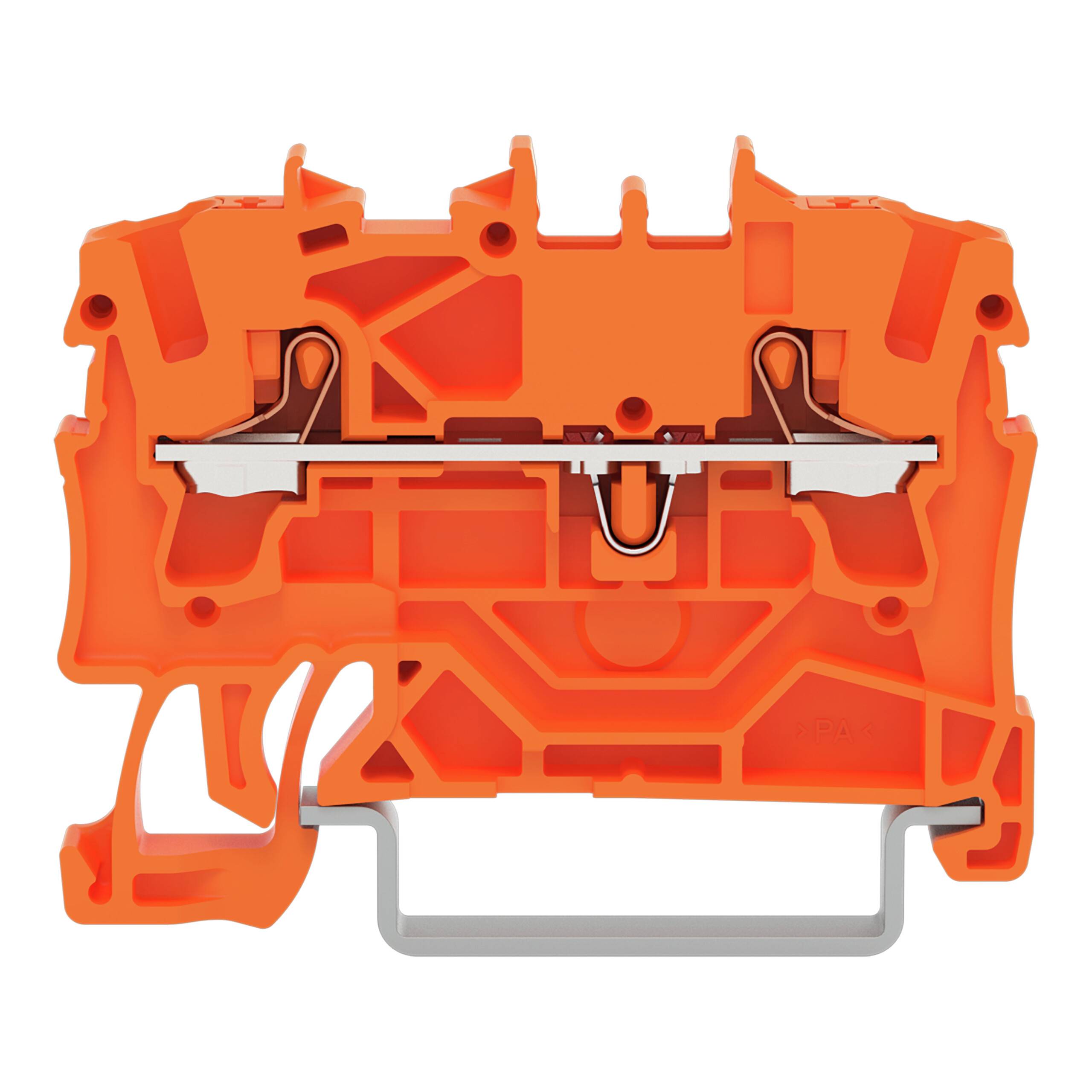 Ein orangefarbener DIN-Schienenklemmenblock mit metallischen inneren Komponenten, der für elektrische Verbindungen in Industrieanwendungen verwendet wird.