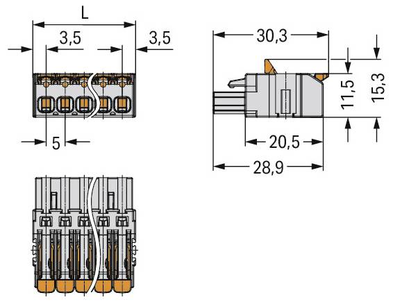 Schéma d'un connecteur électrique avec dimensions : longueur 28,9 mm, largeur 20,5 mm, hauteur 15,3 mm. La vue latérale montre les points d'entrée des fils.