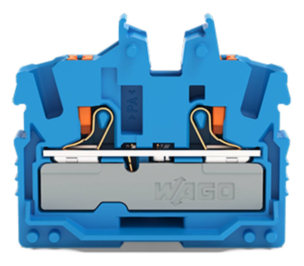 Ein blauer Elektroklemmenblock mit zwei Anschlusspoints für die Drahteinführung, der die internen Metallkomponenten und den Federmechanismus zeigt.