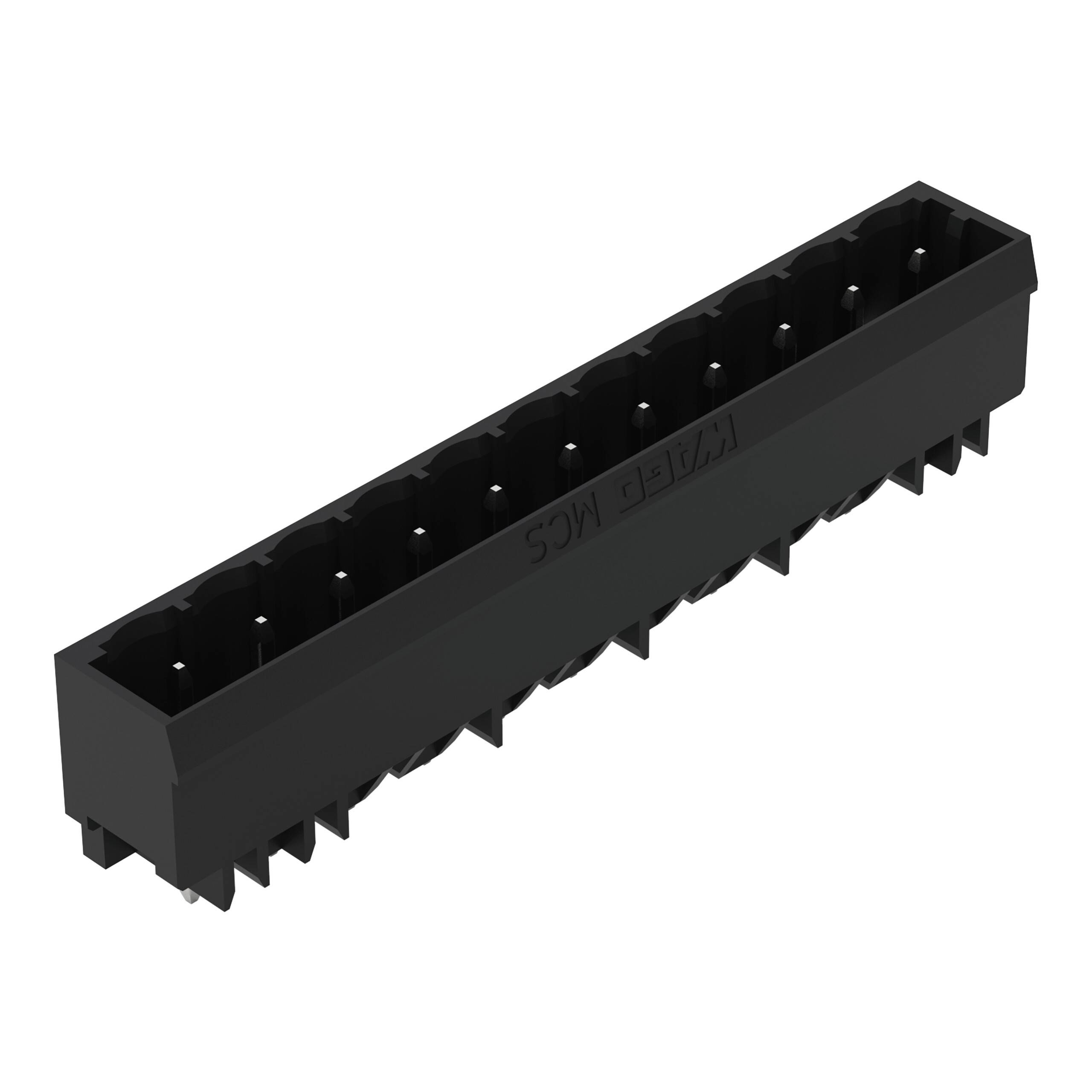 Ein schwarzer, rechteckiger Steckverbinder mit mehreren Schlitzen, der in elektronischen Baugruppen zum Verbinden verschiedener Komponenten verwendet wird.