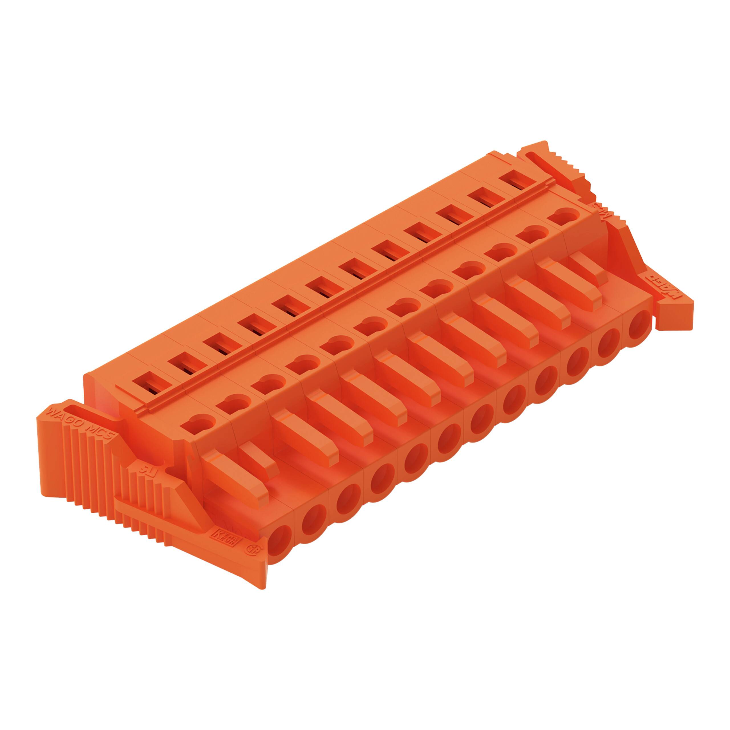 Ein orangefarbiger elektrischer Stecker mit mehreren Stiften und Schraubpunkten, entwickelt für sichere Drahtverbindungen in elektronischen Baugruppen.