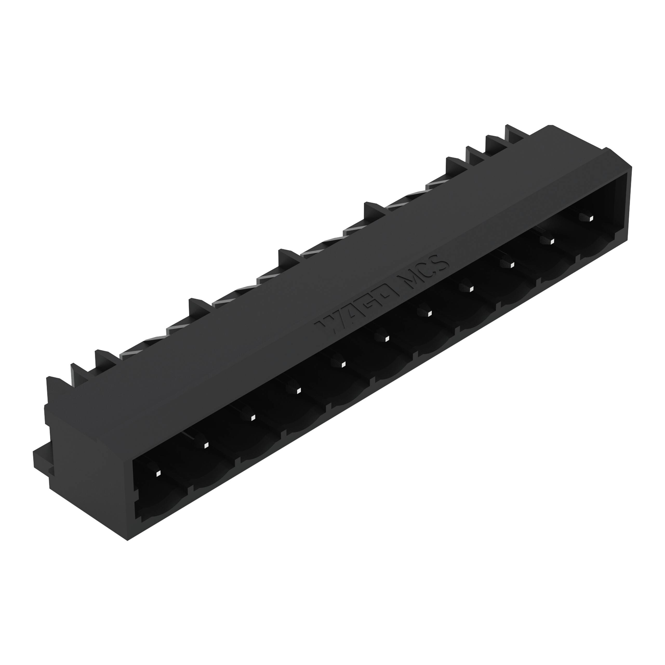 Ein schwarzer rechteckiger elektronischer Stecker mit mehreren Schlitzen für elektrische Kontakte, der für Leiterplattenverbindungen verwendet wird.